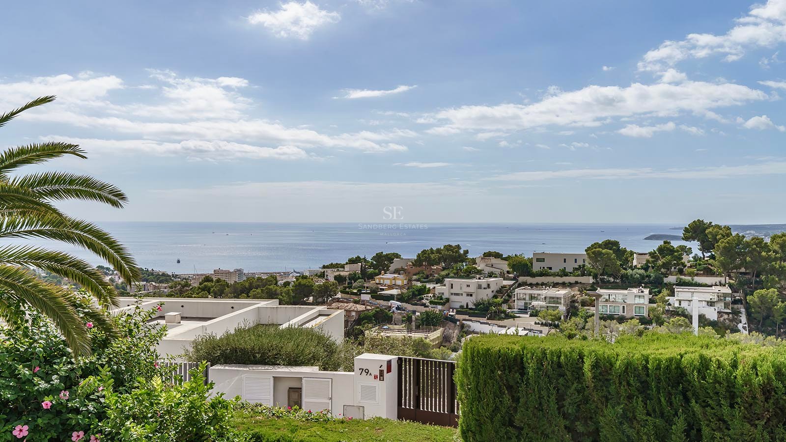 Amplia vista del mar azul y villas costeras bajo un cielo despejado con palmeras en primer plano.