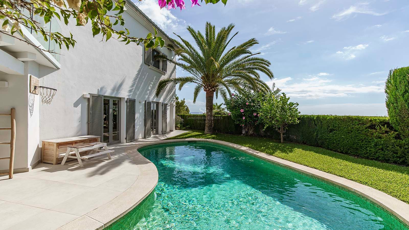 Piscina curva rodeada de césped verde, una palmera y una villa blanca con persianas grises bajo un cielo despejado.