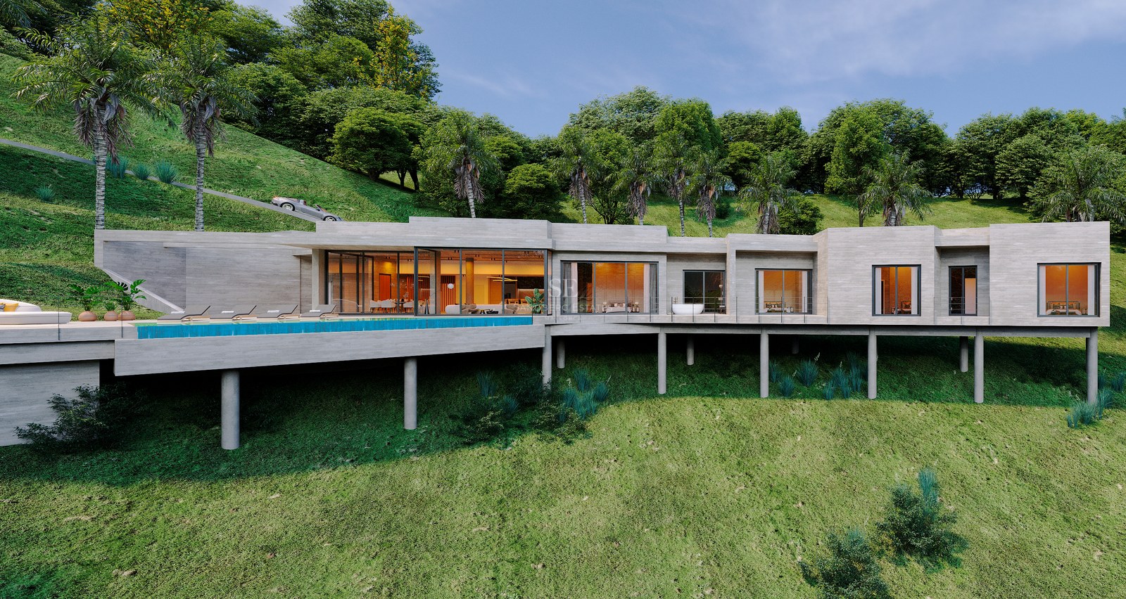 Modern hillside villa featuring concrete facade, expansive glass walls, and a pool surrounded by lush tropical greenery.