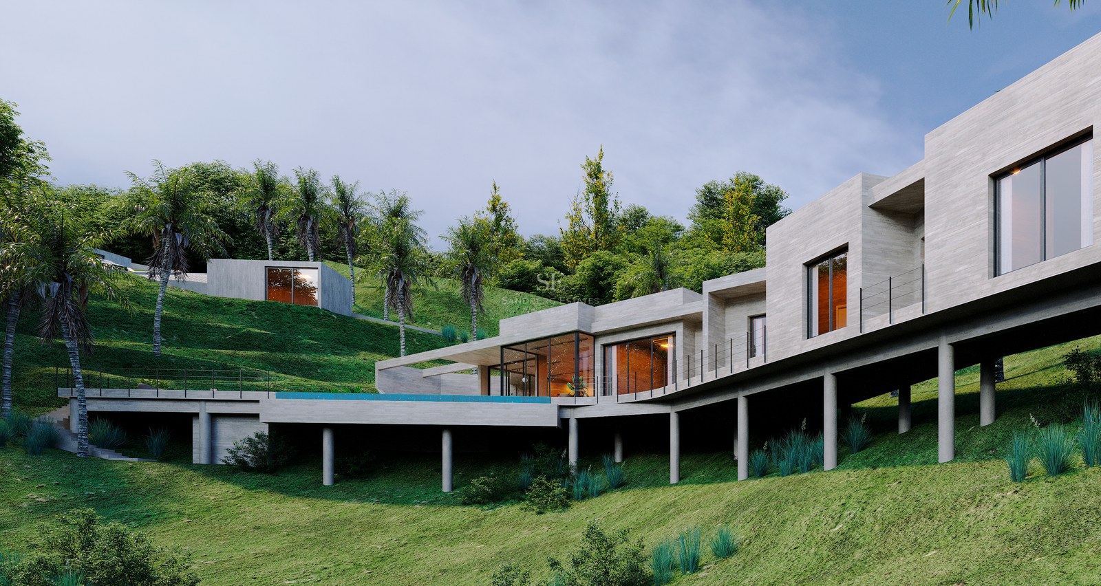 Modern concrete villa on a hillside with floor-to-ceiling windows and an infinity pool under an evening sky.