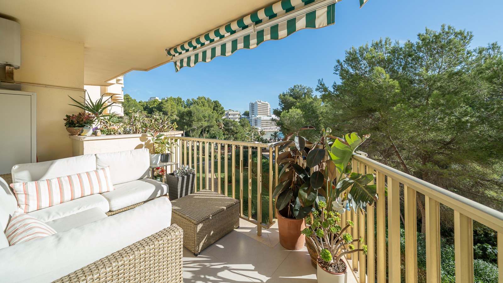 Terraza con sofás de mimbre blanco, plantas verdes y toldo a rayas con vistas a árboles y edificios.