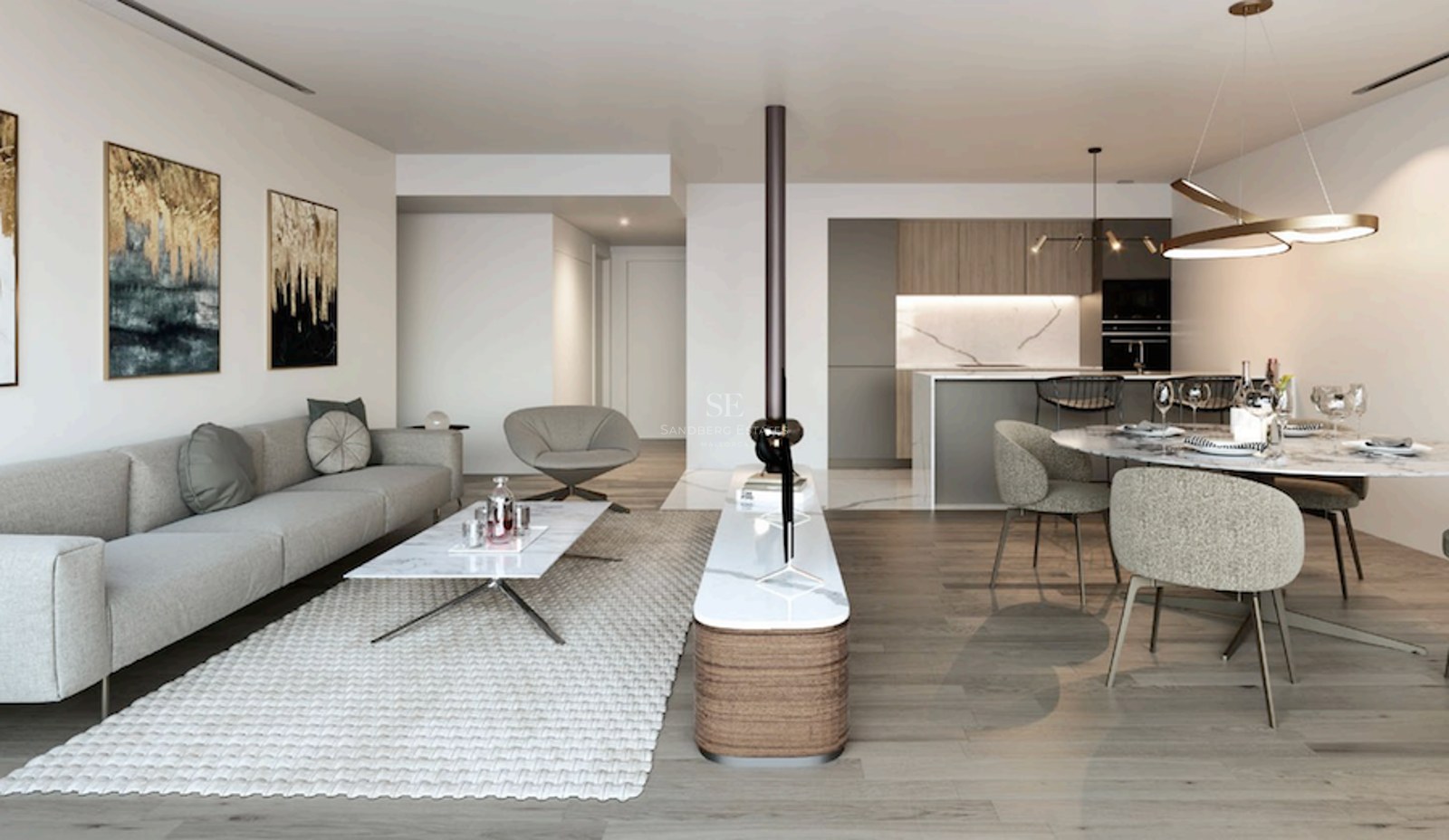 Modern open-plan living room with grey sofa, marble coffee table, and dining area with a view of a minimalist kitchen.