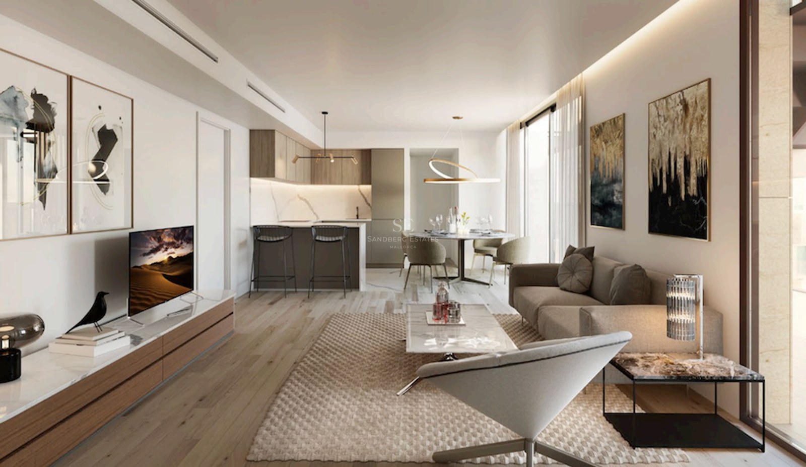 Modern living room featuring a beige sofa, marble coffee table, wood flooring, and an integrated kitchen in the background.