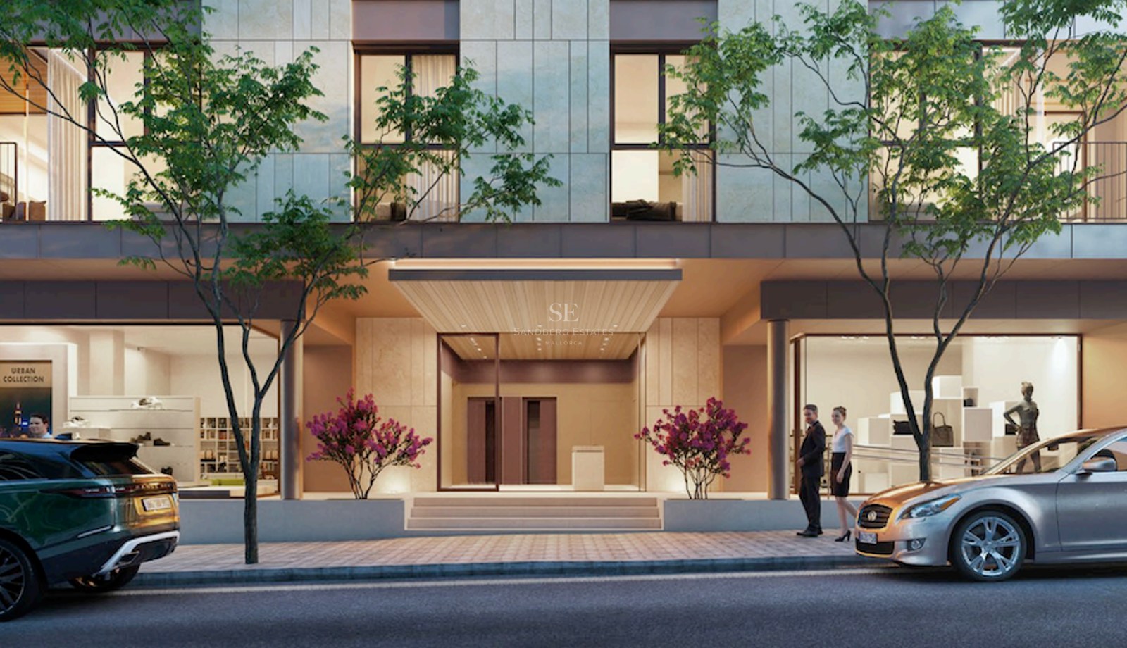 Ground floor of a modern building with central entrance, glass storefronts, sidewalk trees, and luxury cars.