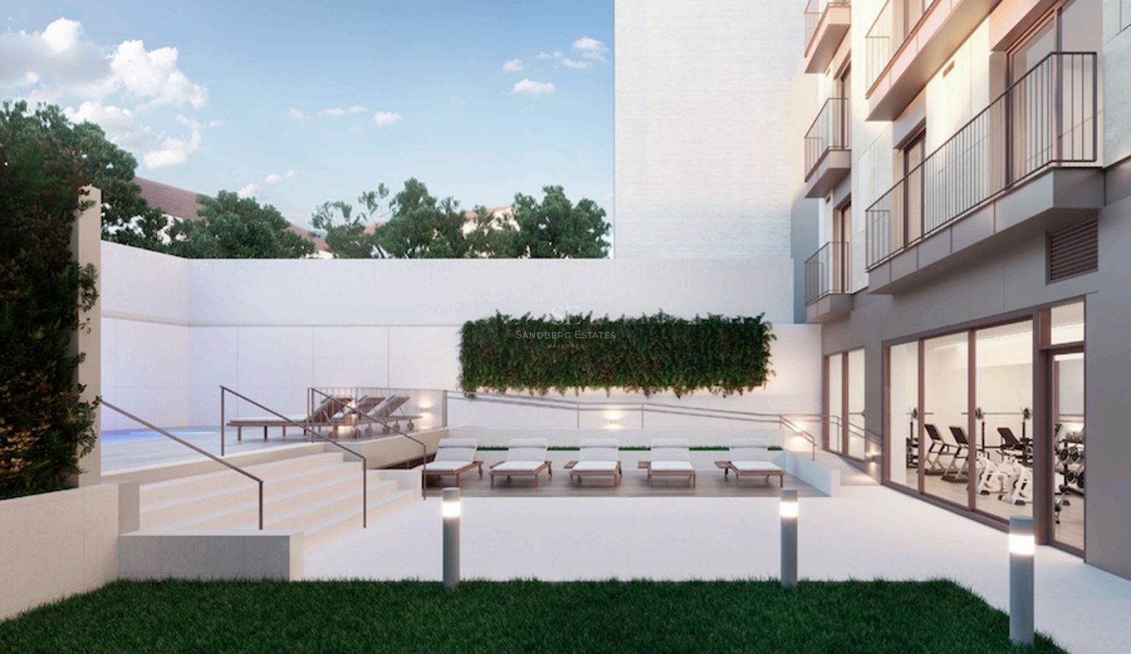 Modern outdoor terrace with sun loungers, a small pool, lawn area, and a view into a glass-walled indoor gym.