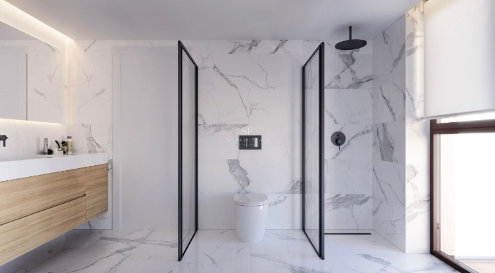 Contemporary bathroom featuring marble walls, a walk-in shower with black frames, and a wooden floating vanity.