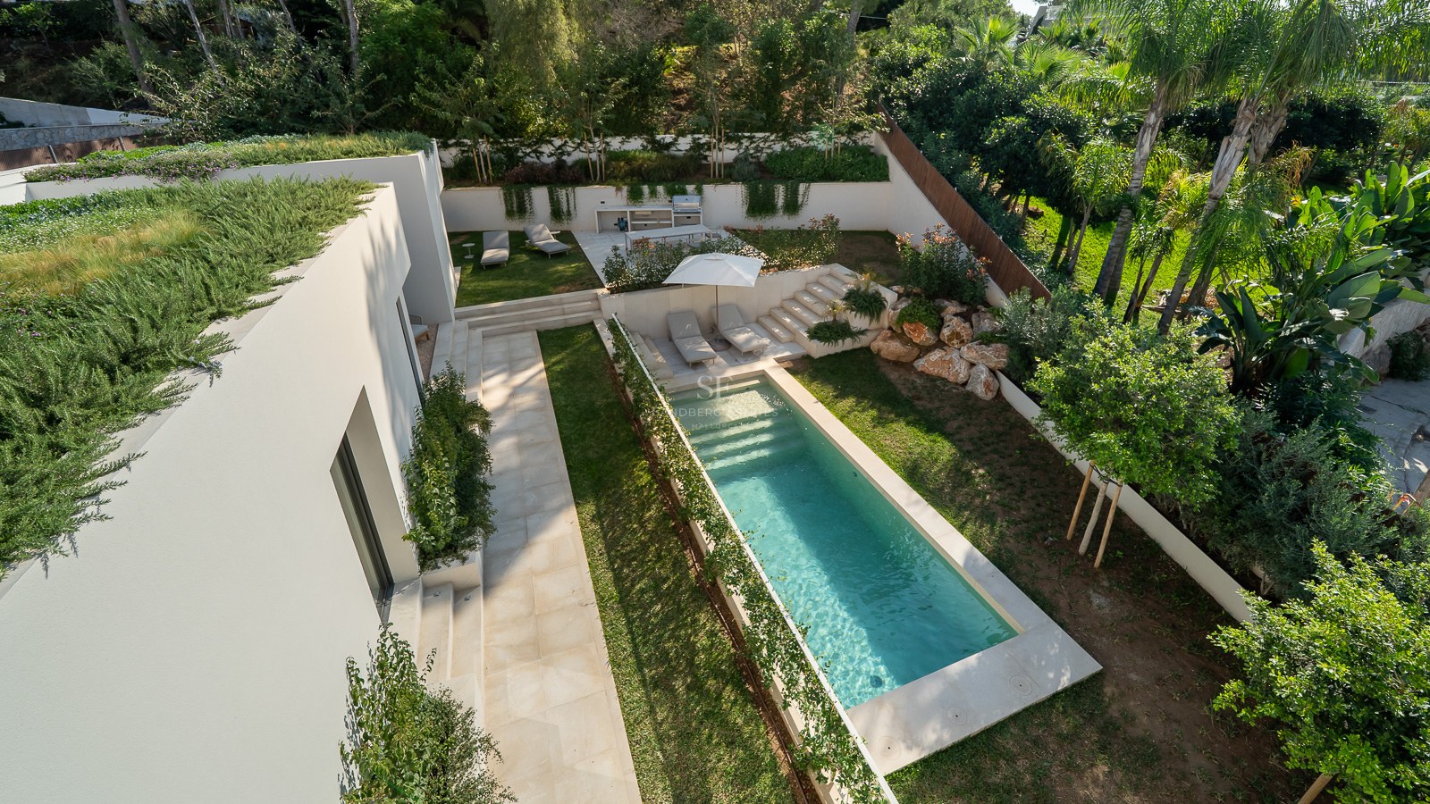 Vue en plongée d'une piscine rectangulaire turquoise entourée de jardins luxuriants et d'une villa blanche moderne.