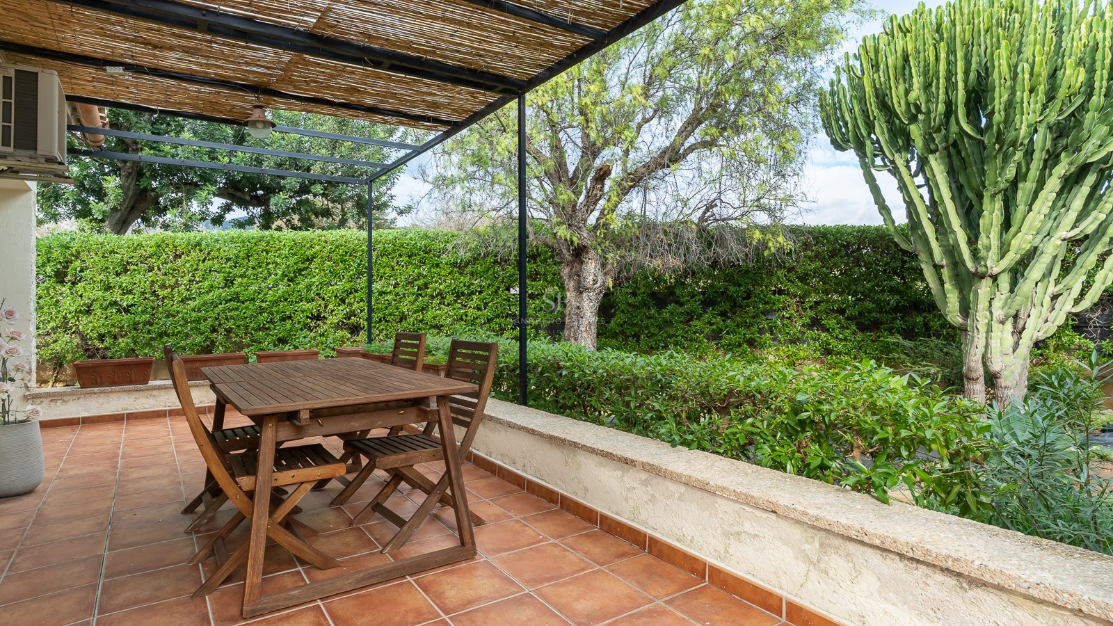 Wooden dining set under a reed pergola on a terracotta tiled terrace surrounded by lush greenery and a large cactus.