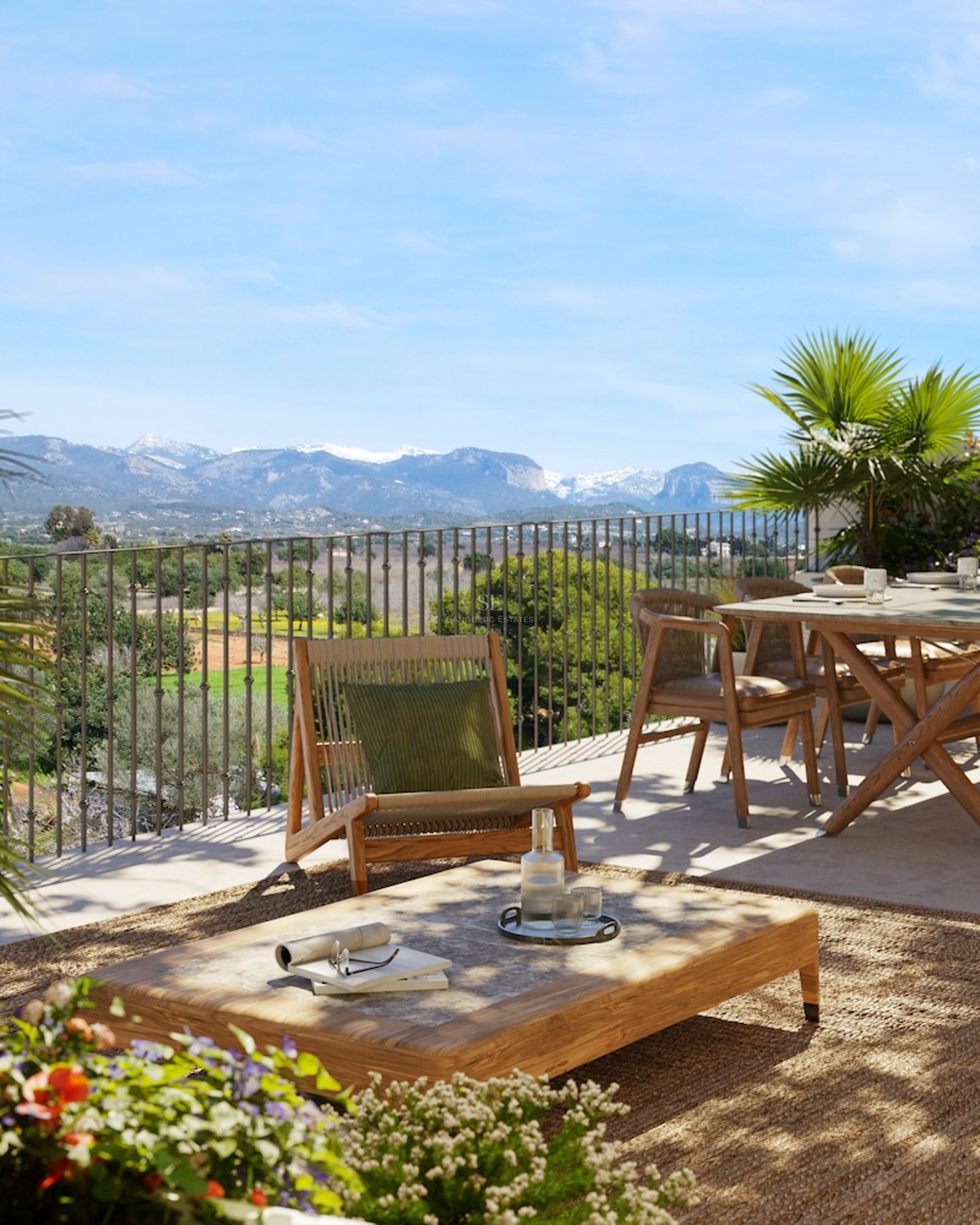Sunny terrace with wooden furniture, a jute rug, and a metal railing overlooking snowy mountains.