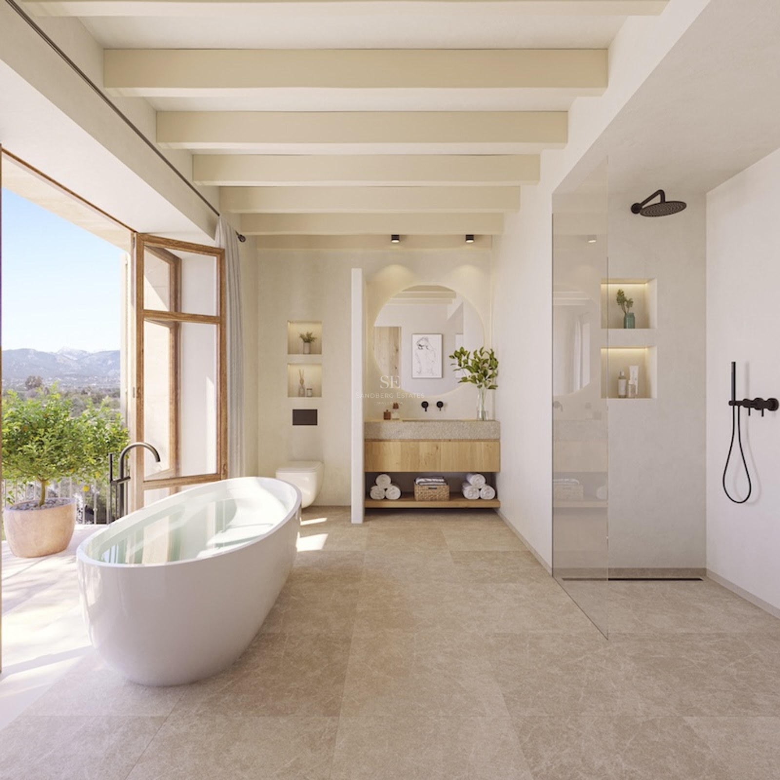 Modern bathroom featuring a freestanding tub next to a balcony, wooden ceiling beams, and a walk-in shower.