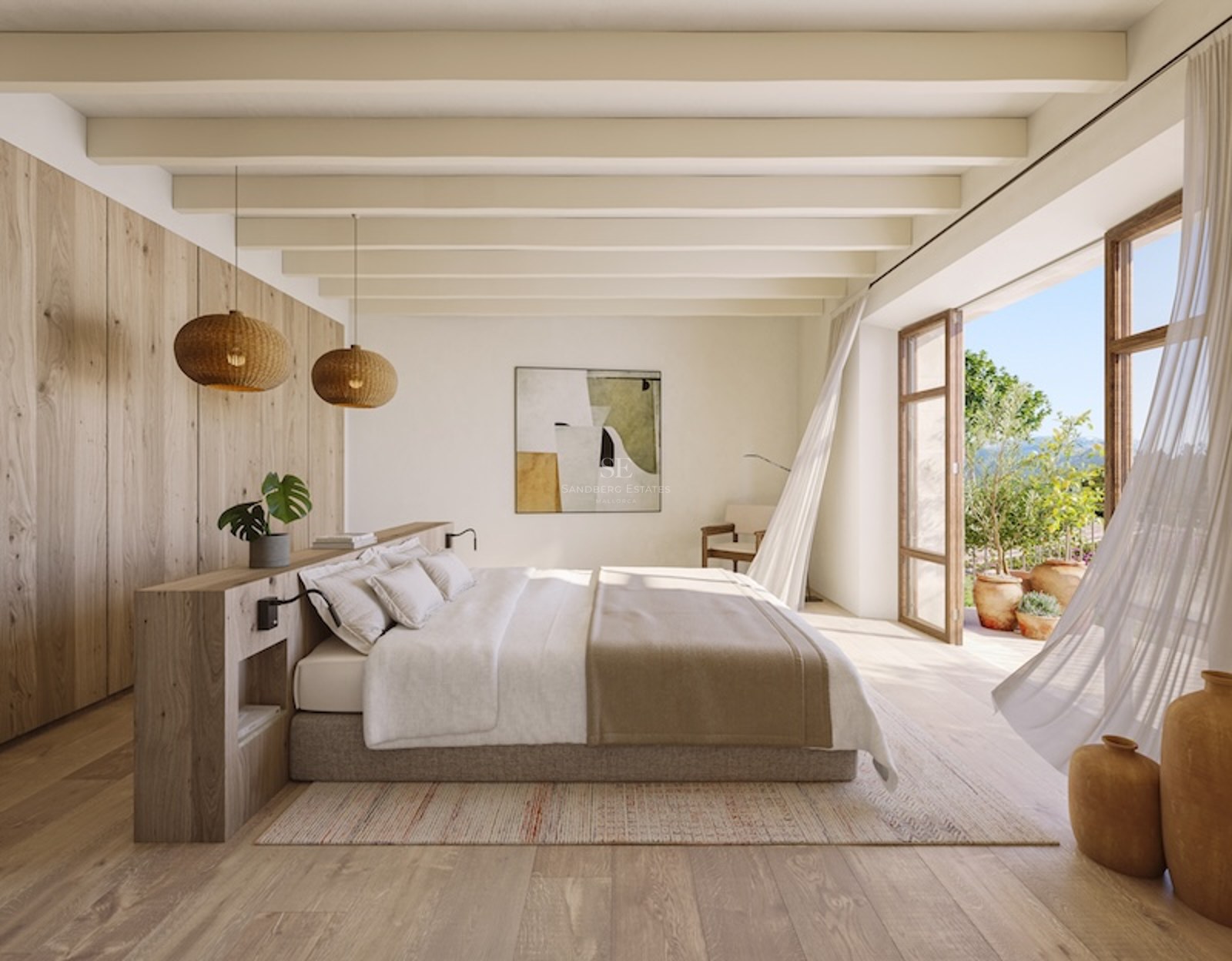 Master bedroom with wood paneling, ceiling beams, and a large open glass door leading to a sunny terrace.
