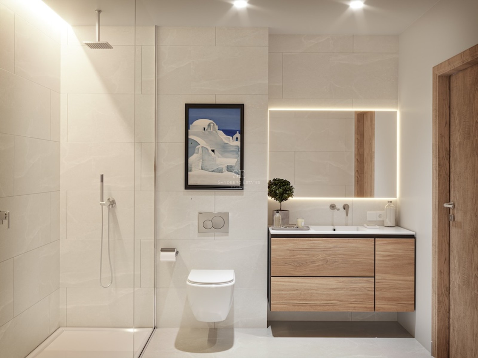 Modern bathroom with beige tiles, floating wood vanity, backlit mirror, and glass walk-in shower.