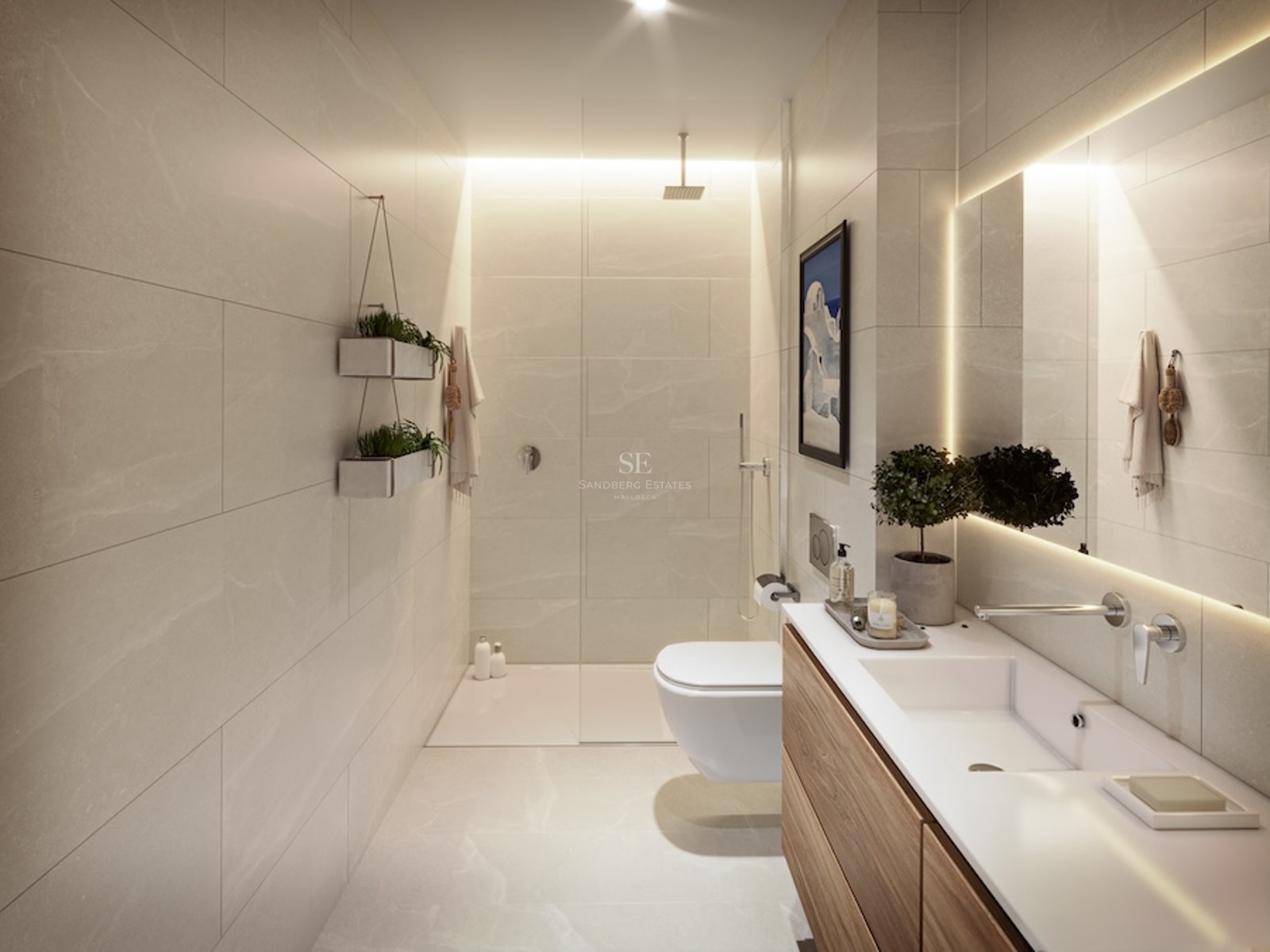 Modern bathroom with beige stone tiles, a glass shower, wood vanity, and a large backlit mirror.
