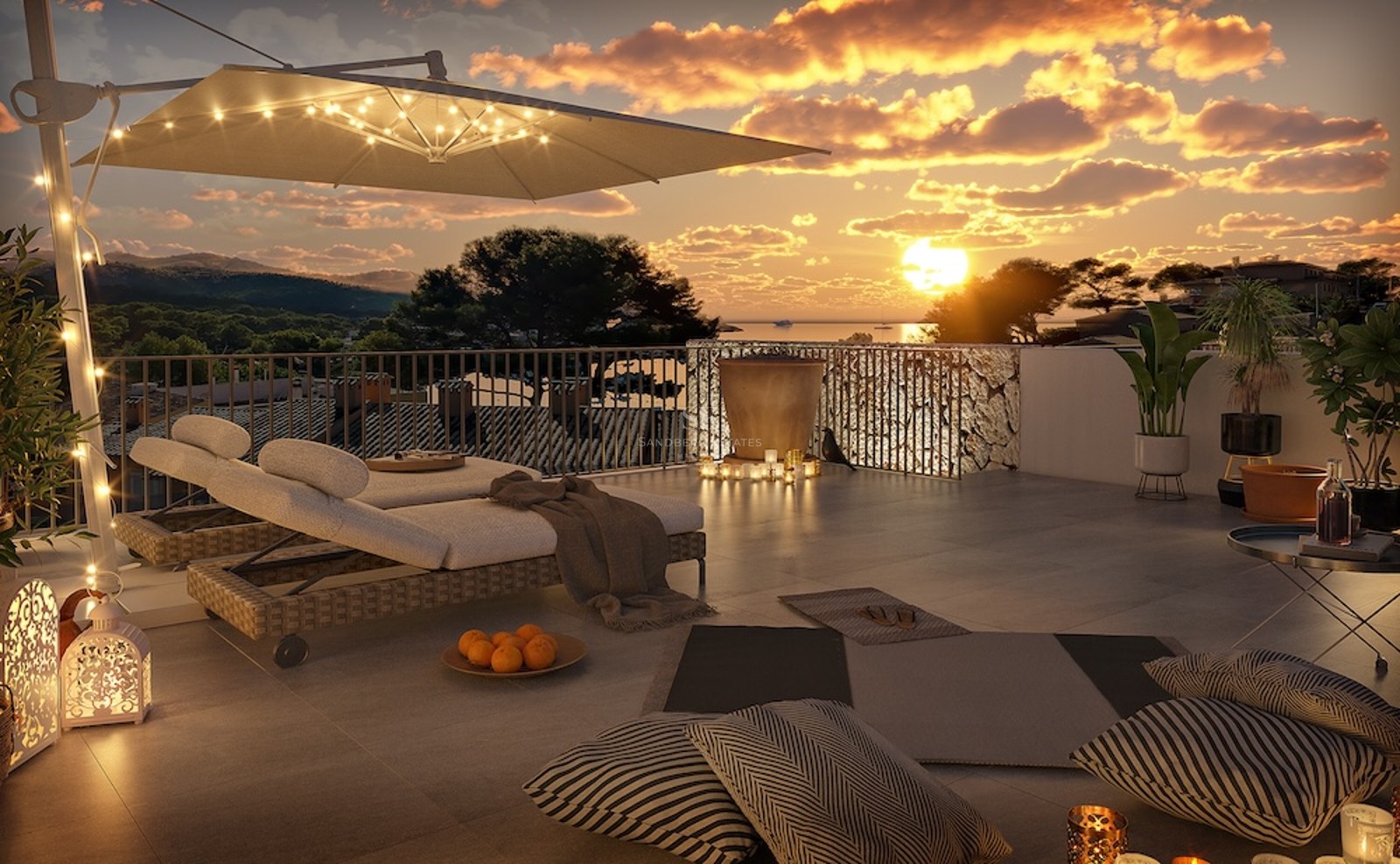 Terraza de lujo en la azotea al atardecer con tumbonas de diseño, iluminación cálida y vistas panorámicas al mar.