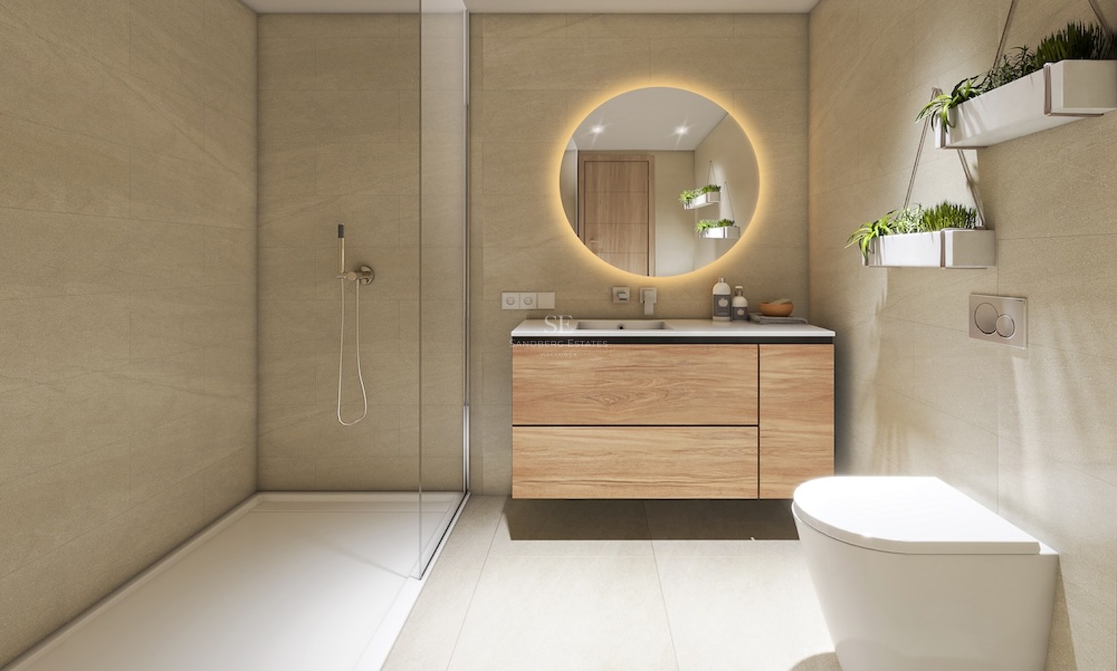 Baño moderno con ducha de cristal, mueble de madera, espejo redondo retroiluminado y plantas decorativas.