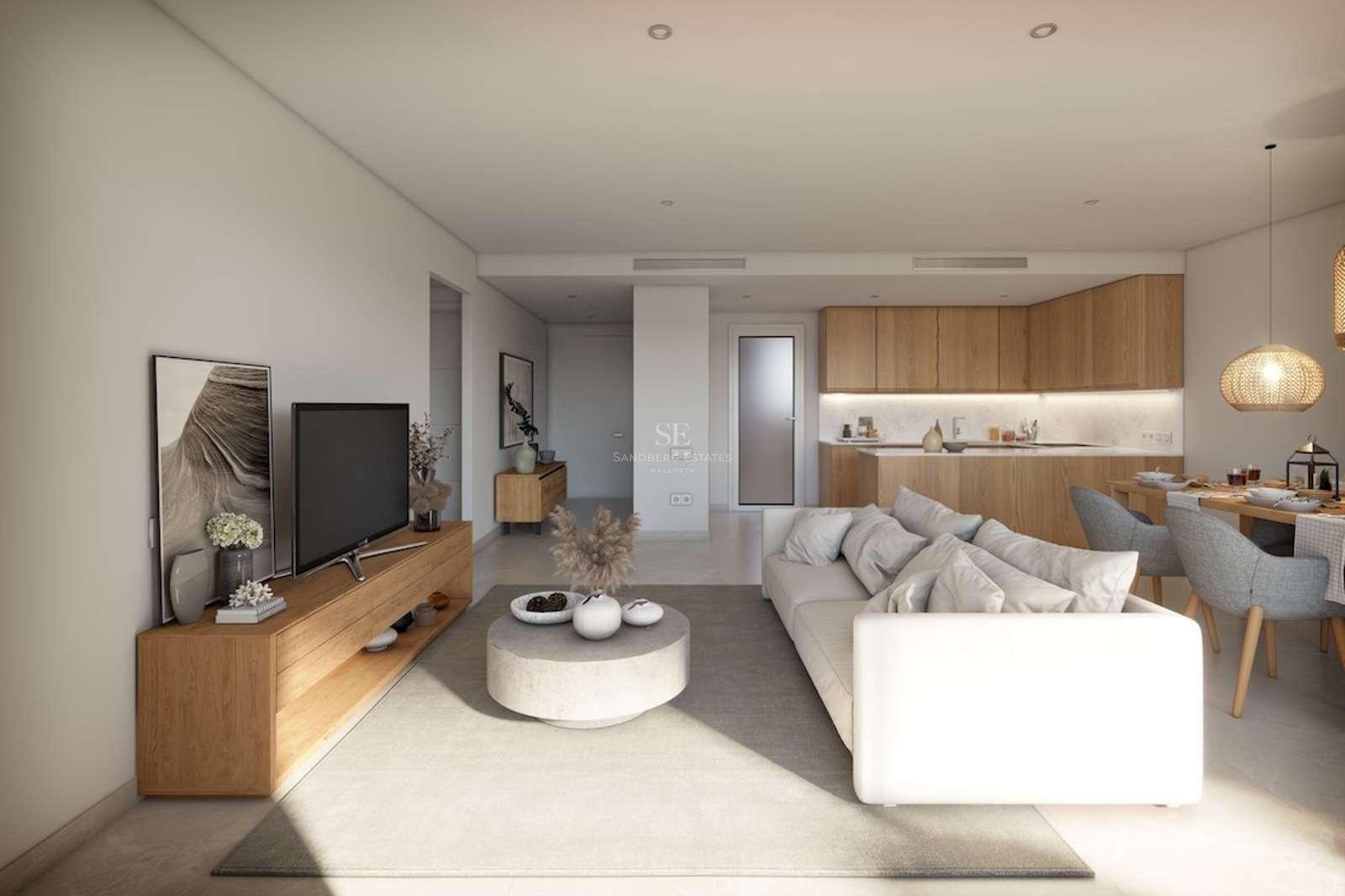 Bright living room with white sofa, wooden TV stand, grey rug, and integrated kitchen in the background.