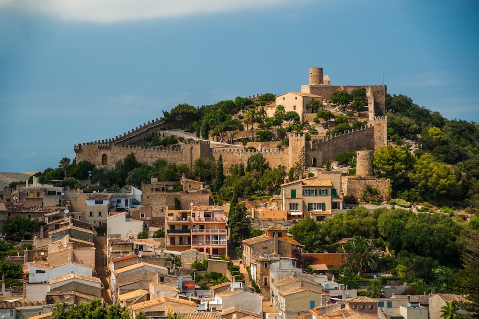 A large medieval stone castle with defensive walls on a lush green hill overlooking a historic town with tiled roofs.