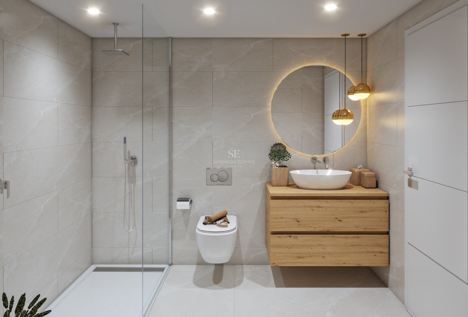 Modern bathroom featuring a glass shower, wooden vanity, backlit circular mirror, and beige marble-effect tiles.