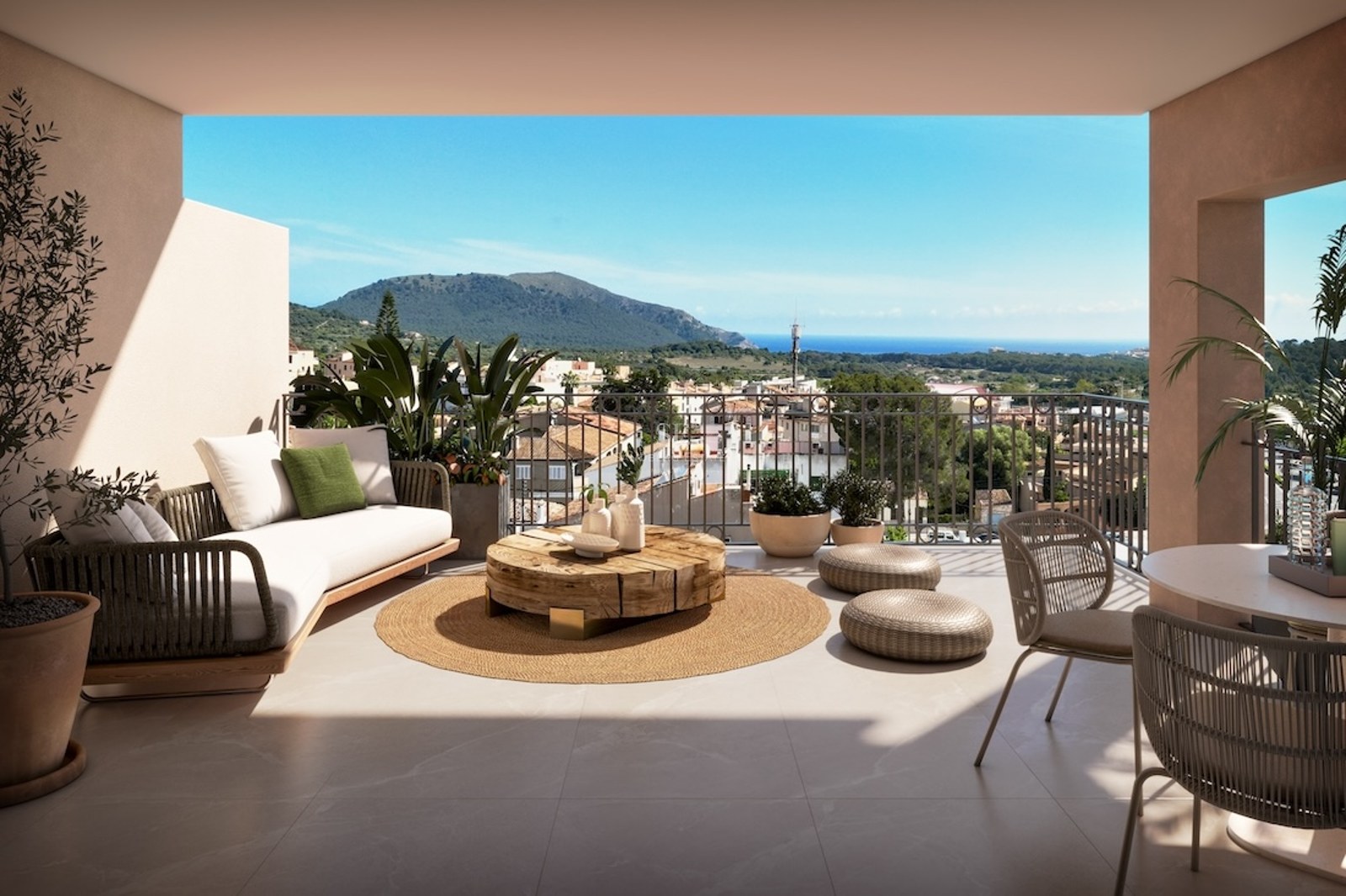A modern terrace with designer furniture, natural wood coffee table, and panoramic views of the sea and mountains.