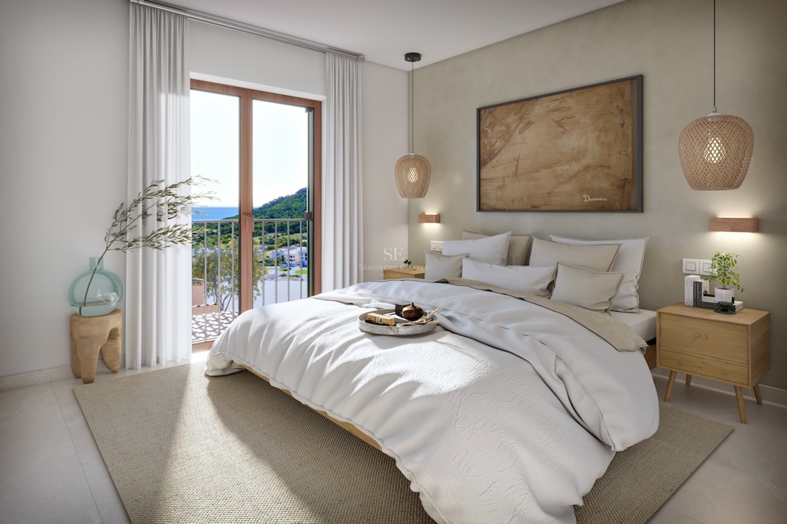Bright modern bedroom with white bed, wicker lamps, wooden nightstands, and a balcony overlooking the sea and mountains.
