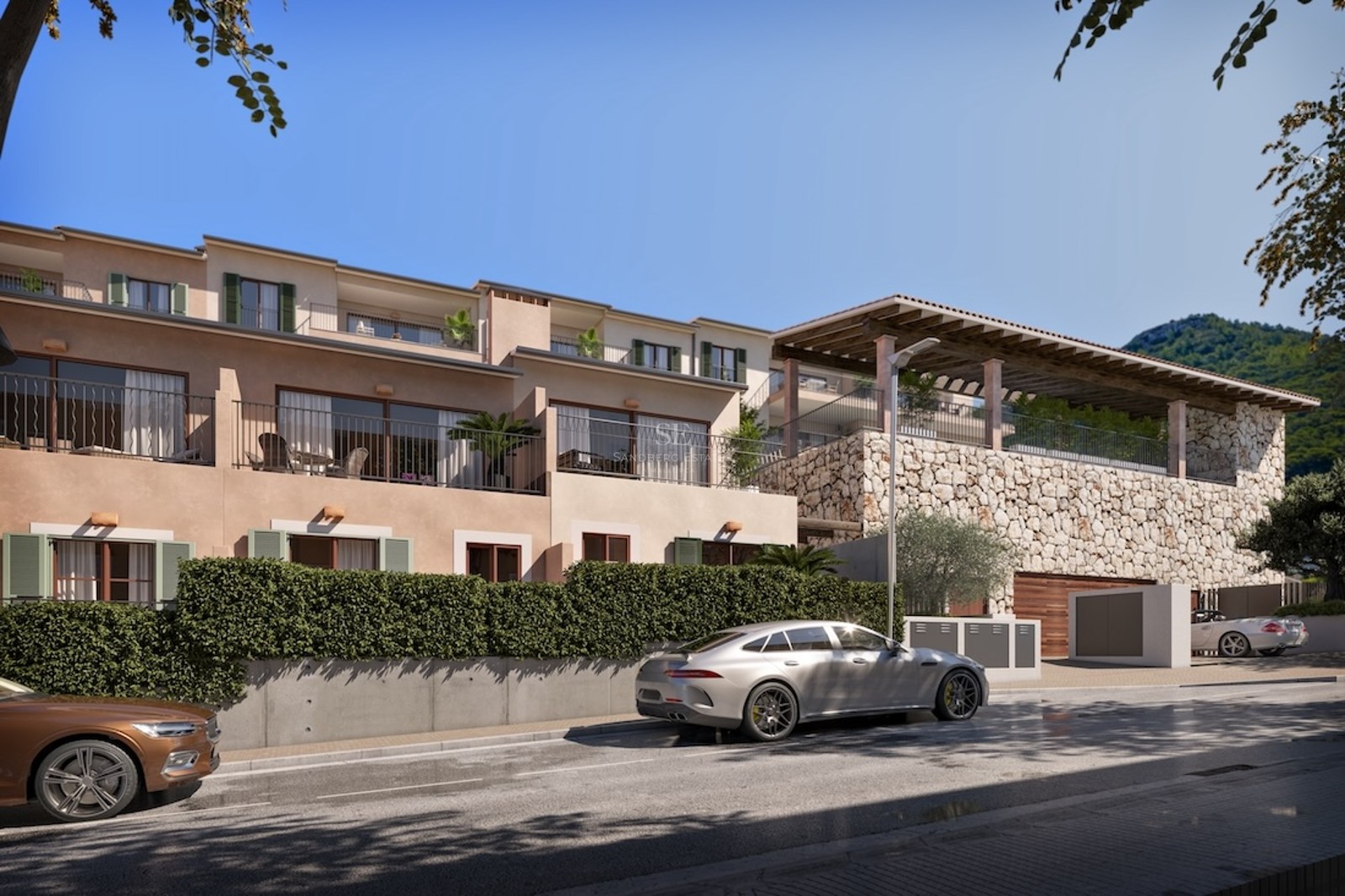 Multi-story Mediterranean villa with natural stone walls, balconies, green shutters, and a silver sports car.