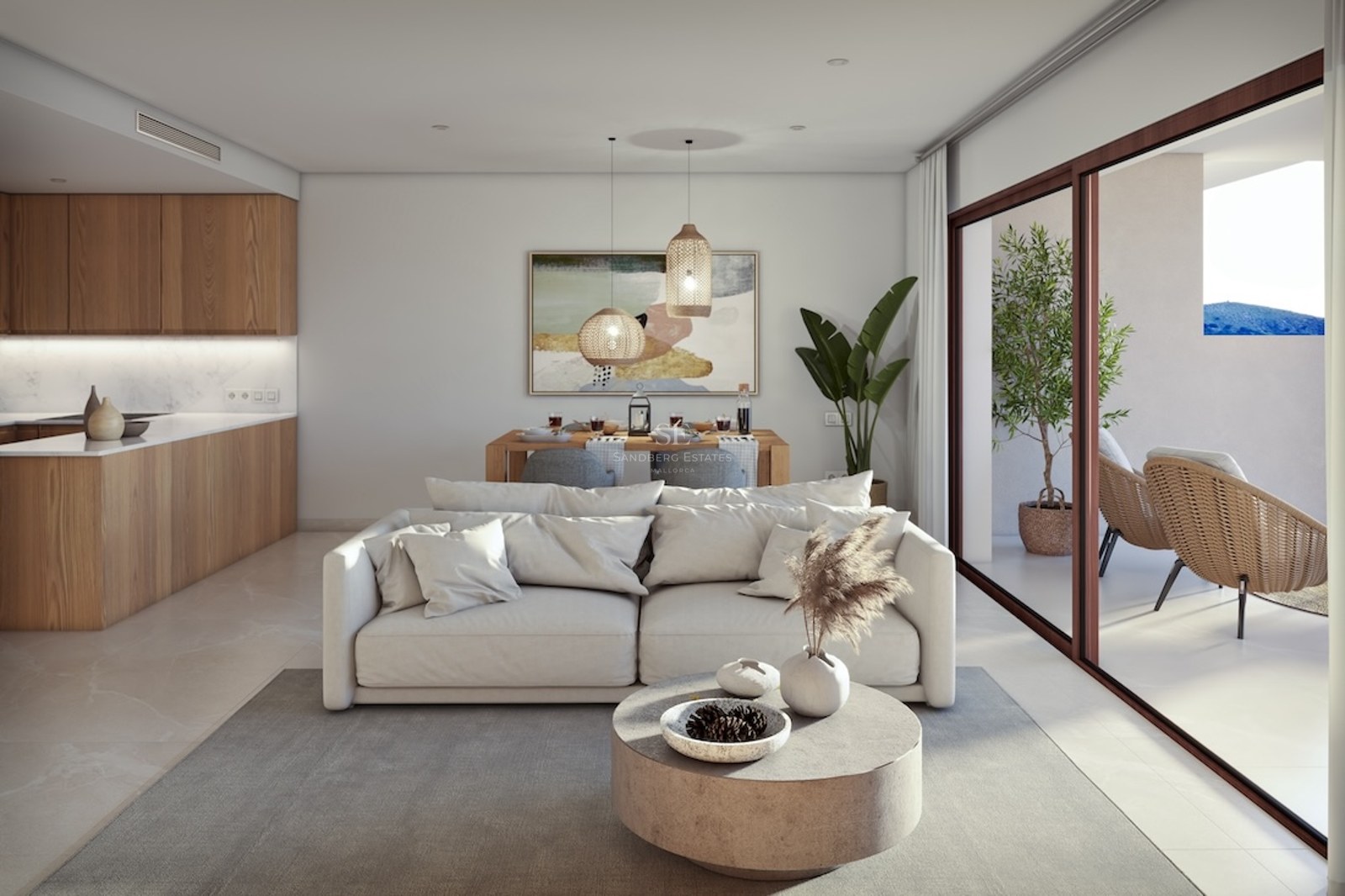 Bright open-plan living room with white sofa, wooden kitchen, and large sliding doors leading to a terrace.