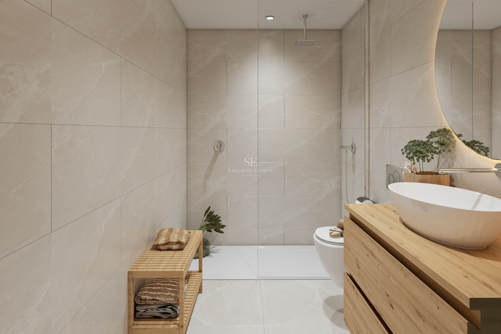 Baño moderno con azulejos beige, ducha de cristal, mueble de madera, lavabo blanco y espejo retroiluminado.