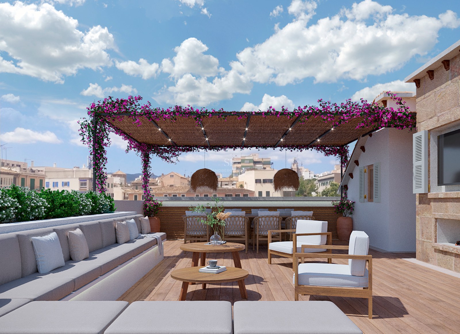 Rymlig takterrass i trä med grå soffor, bougainvillea-pergola och matplats utomhus med utsikt över staden.