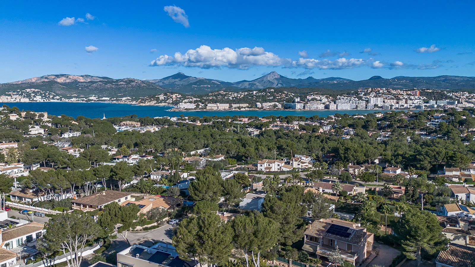 Toma aérea de gran altura de villas de lujo entre pinos con vistas a una bahía azul y montañas al fondo.