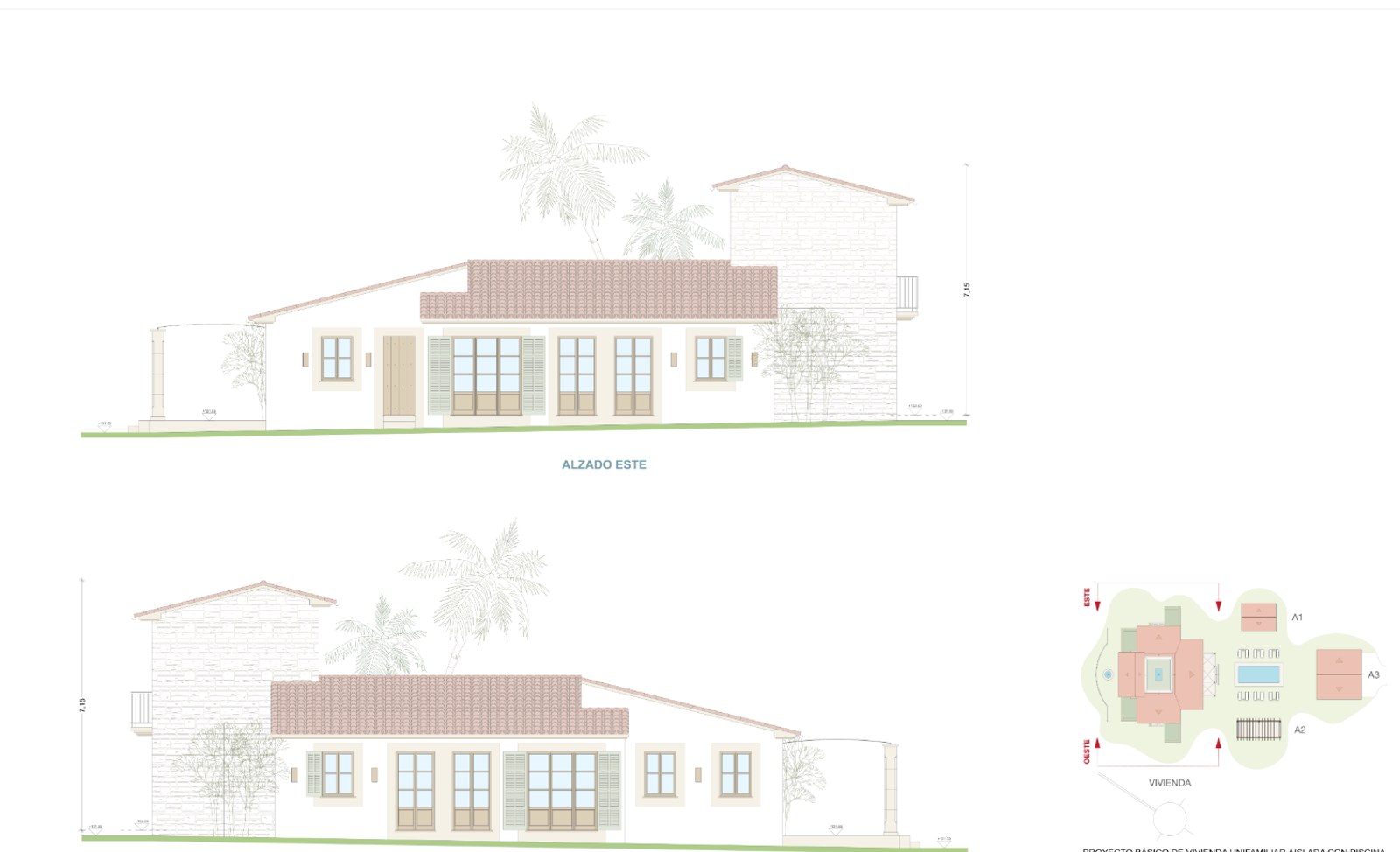 Dessin technique montrant les façades est et ouest d'une villa méditerranéenne et un plan de masse.