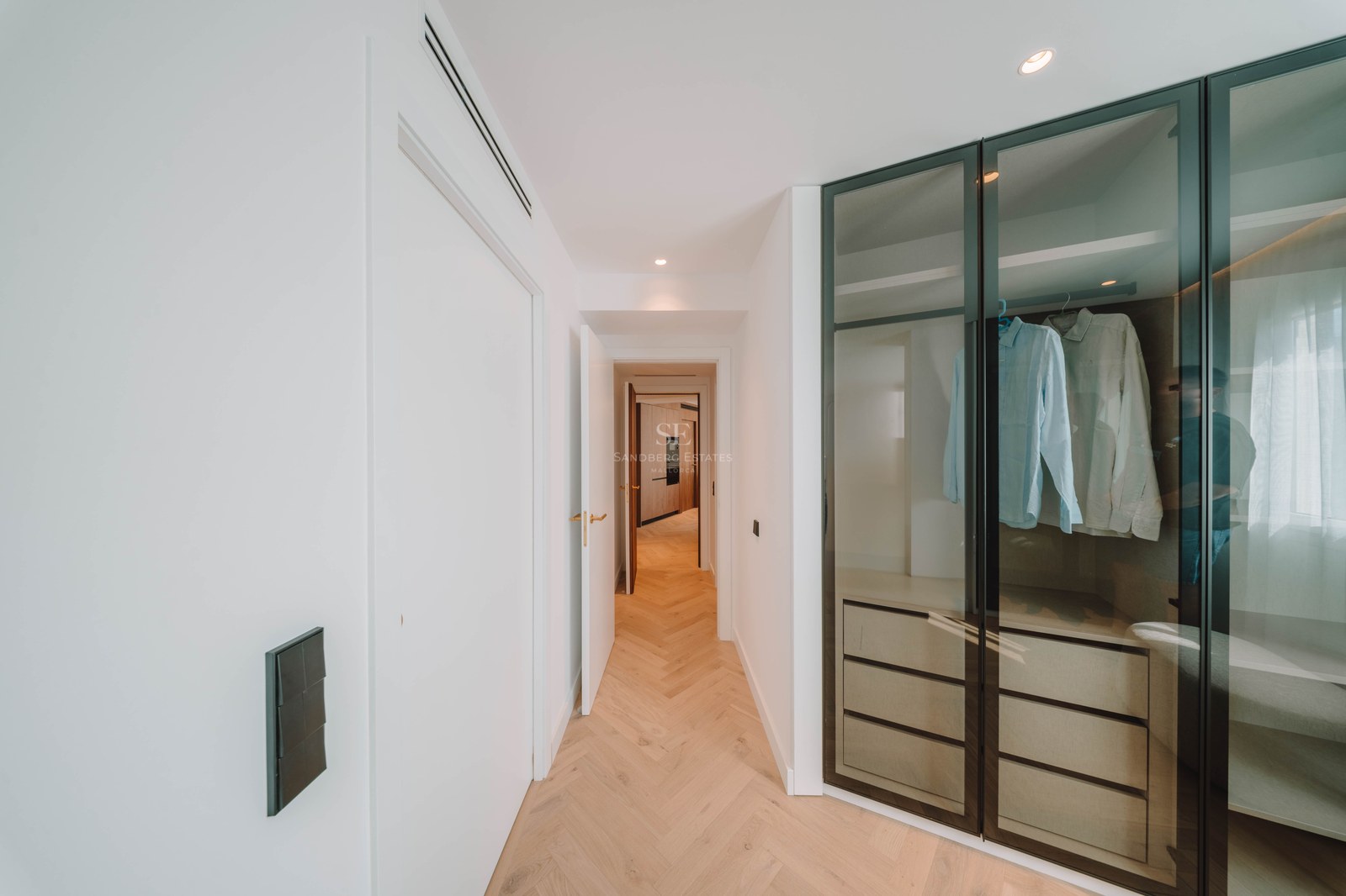 Modern hallway with herringbone wood flooring leading to a walk-in closet featuring glass doors and black frames.