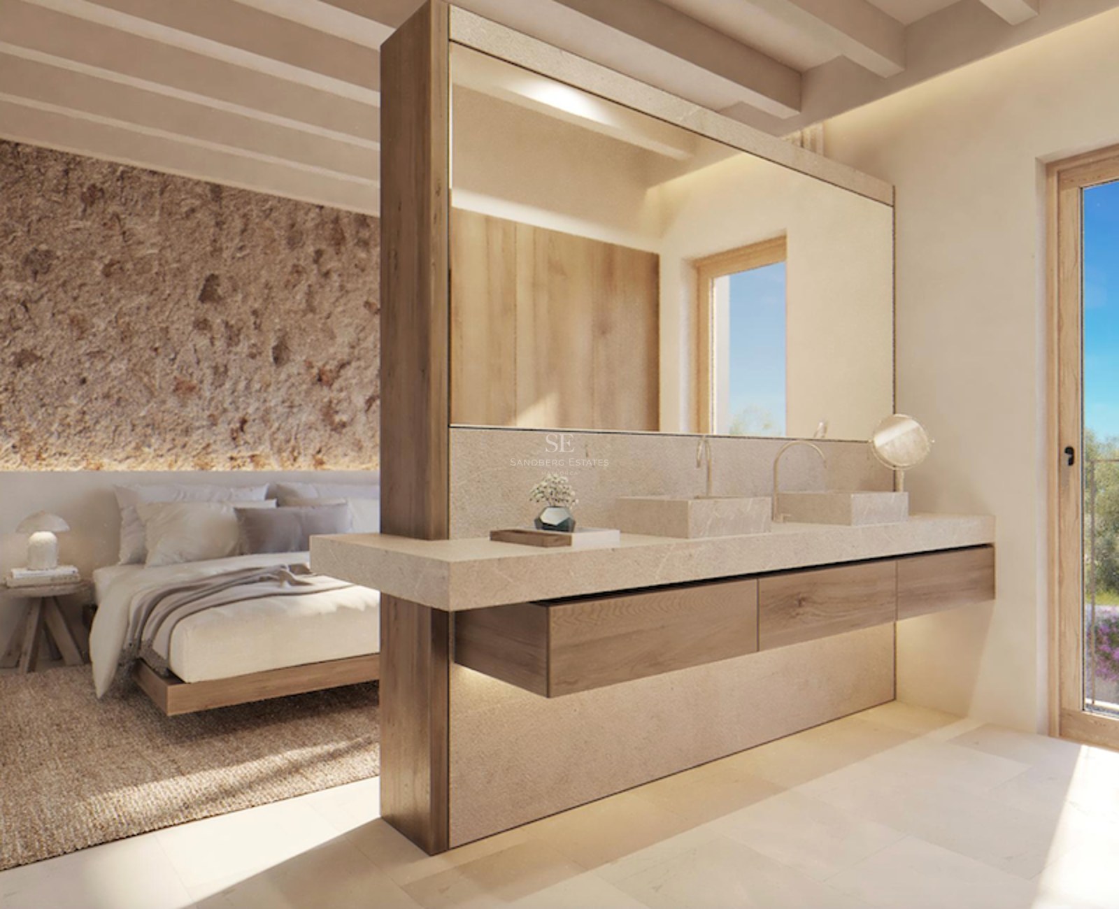 Modern master bedroom with integrated stone double vanity, rustic stone accent wall, and timber-beamed ceiling.