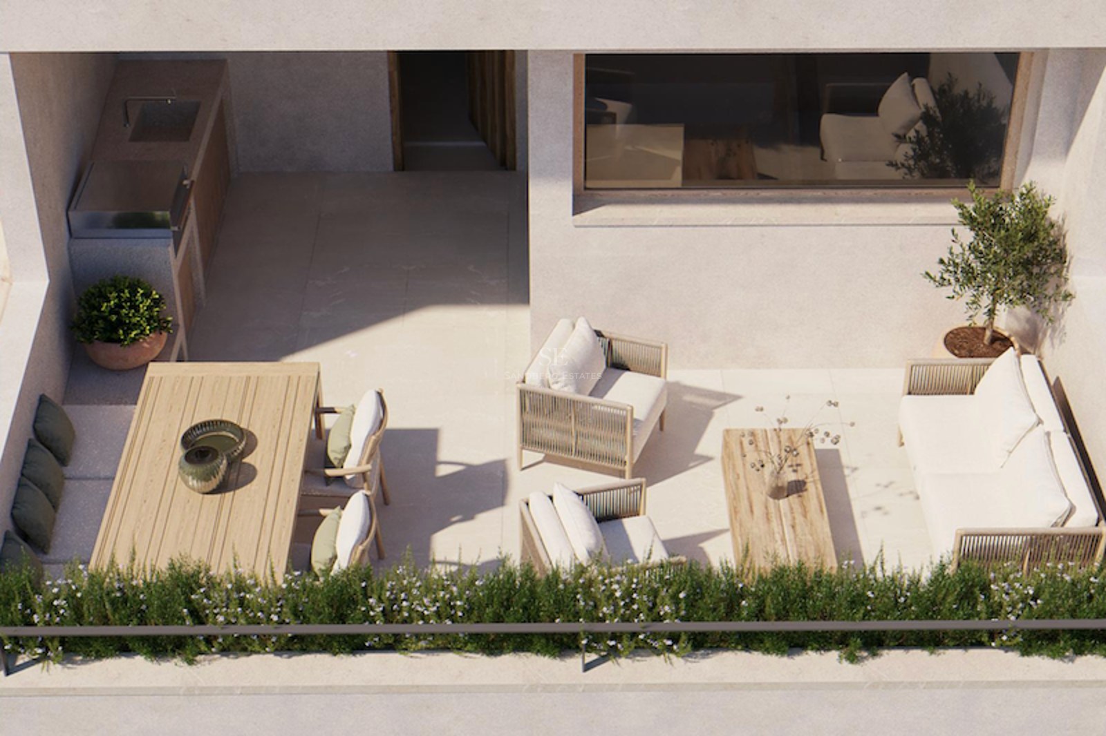 Bird's eye view of a sunlit modern terrace featuring a lounge area, dining table, and outdoor kitchen with a grill.