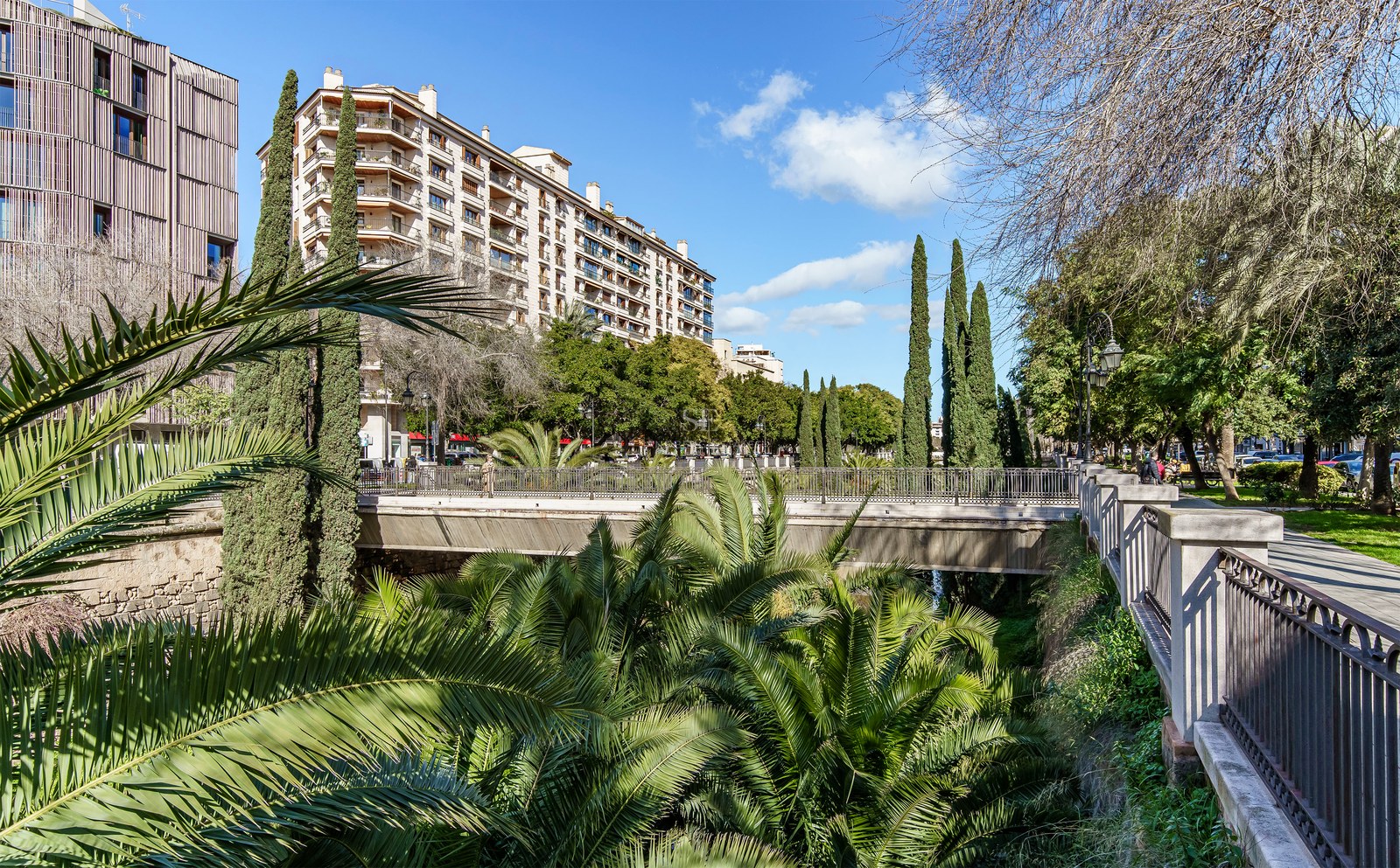 A sunny urban park with palm trees, a pedestrian bridge, and modern apartment buildings under a blue sky.
