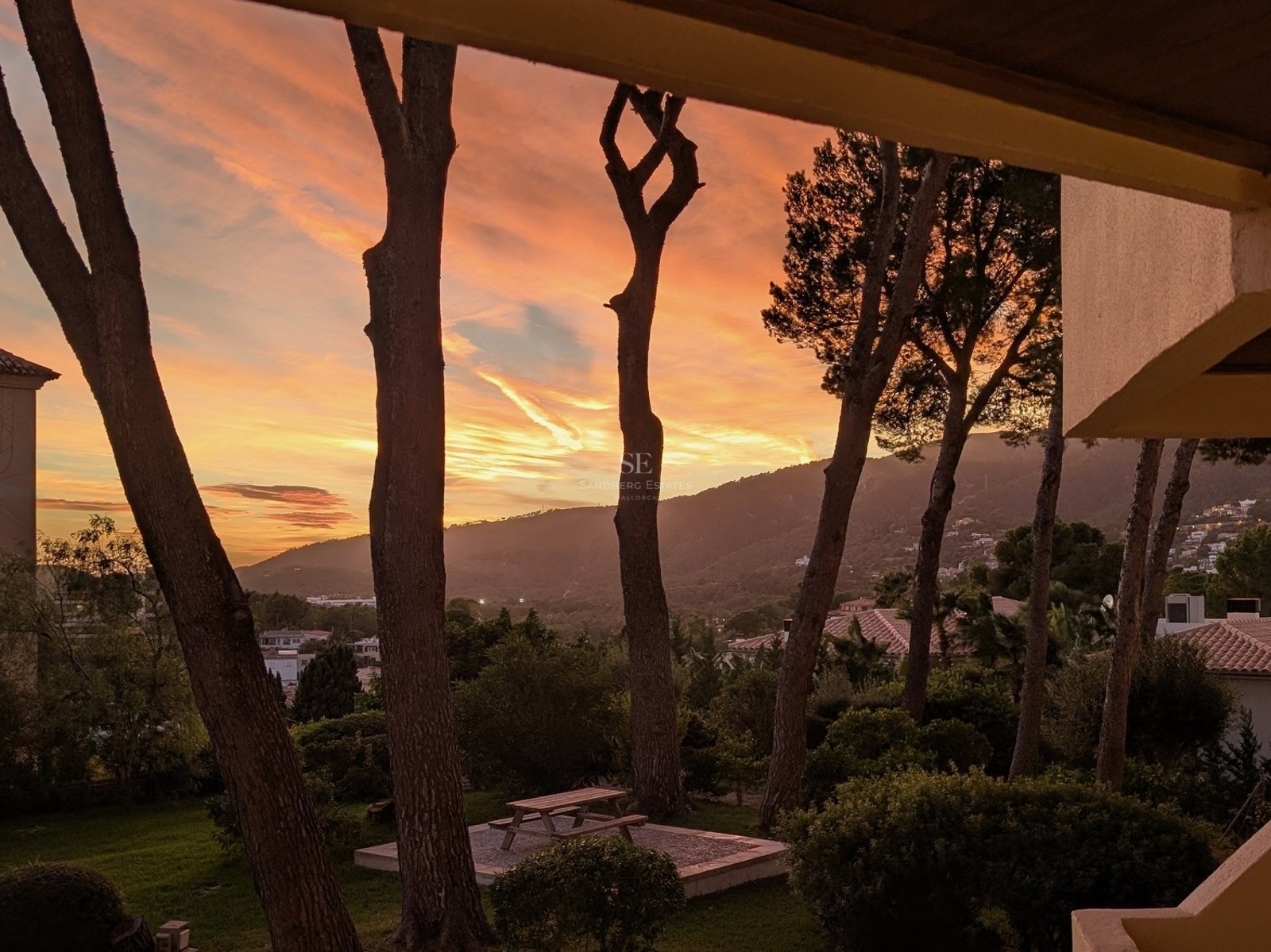Leuchtender Sonnenuntergang in Orange- und Goldtönen über einer Landschaft mit Hügeln und mediterranen Pinien.