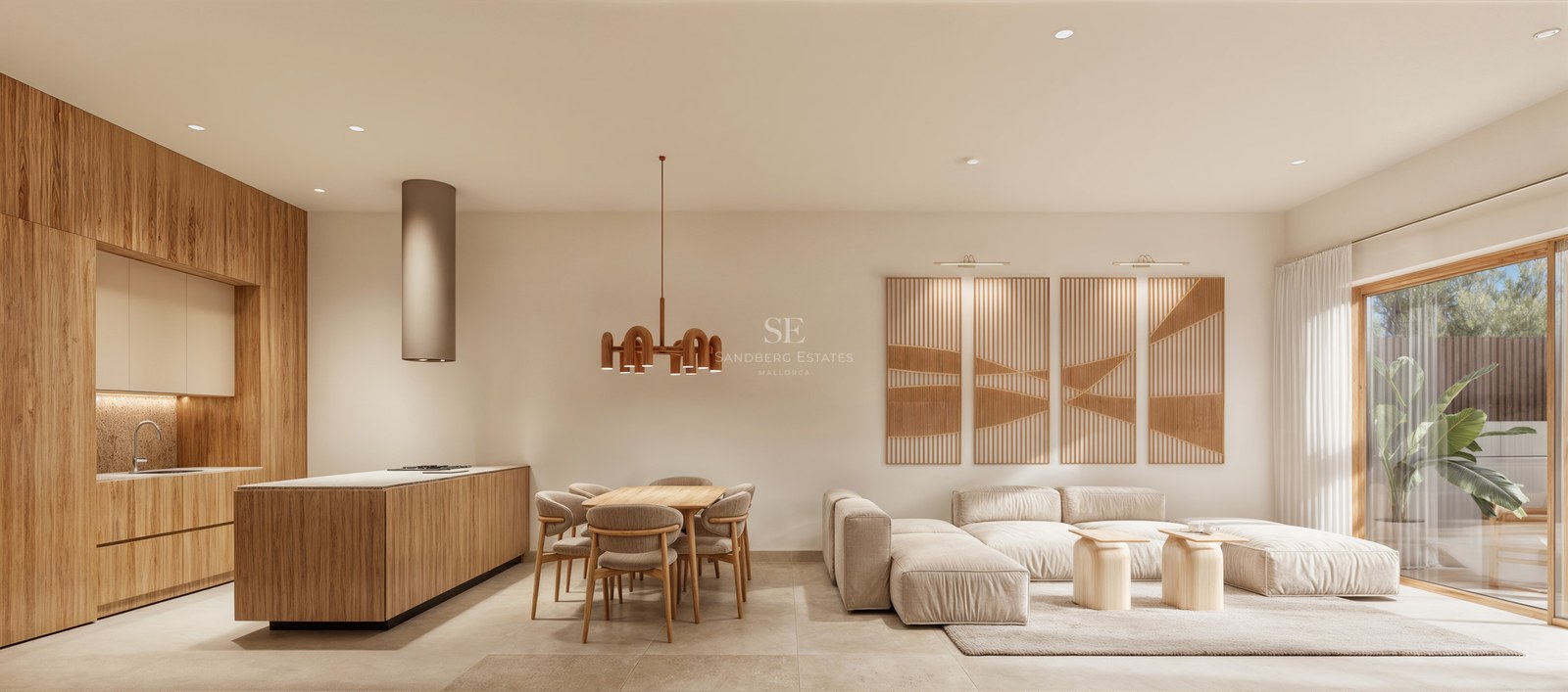 A spacious modern living area with a modular sofa, wooden dining set, and integrated kitchen in neutral tones.