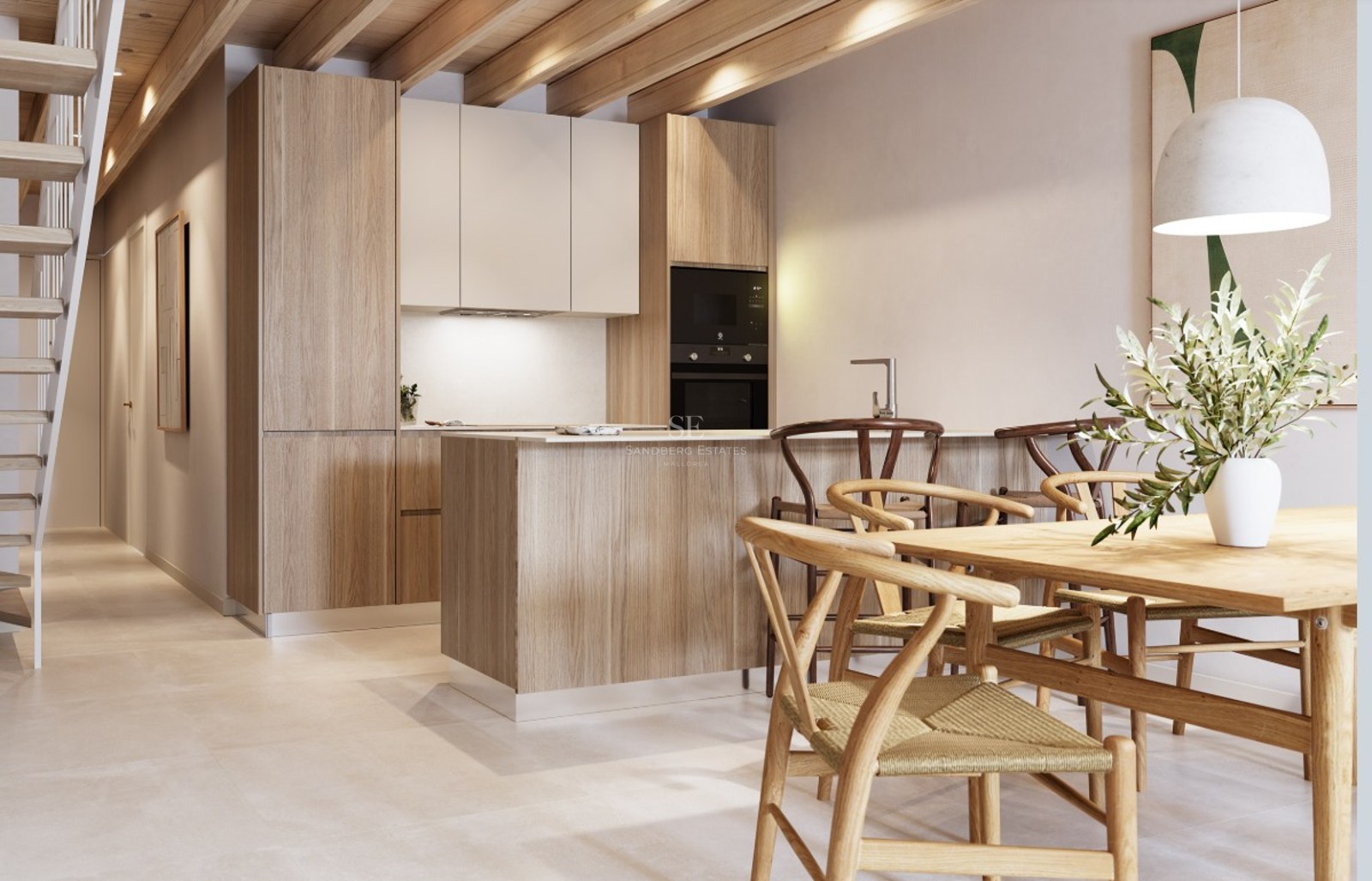 Modern kitchen featuring exposed wooden ceiling beams, a central island with stools, and an adjacent wooden dining table.