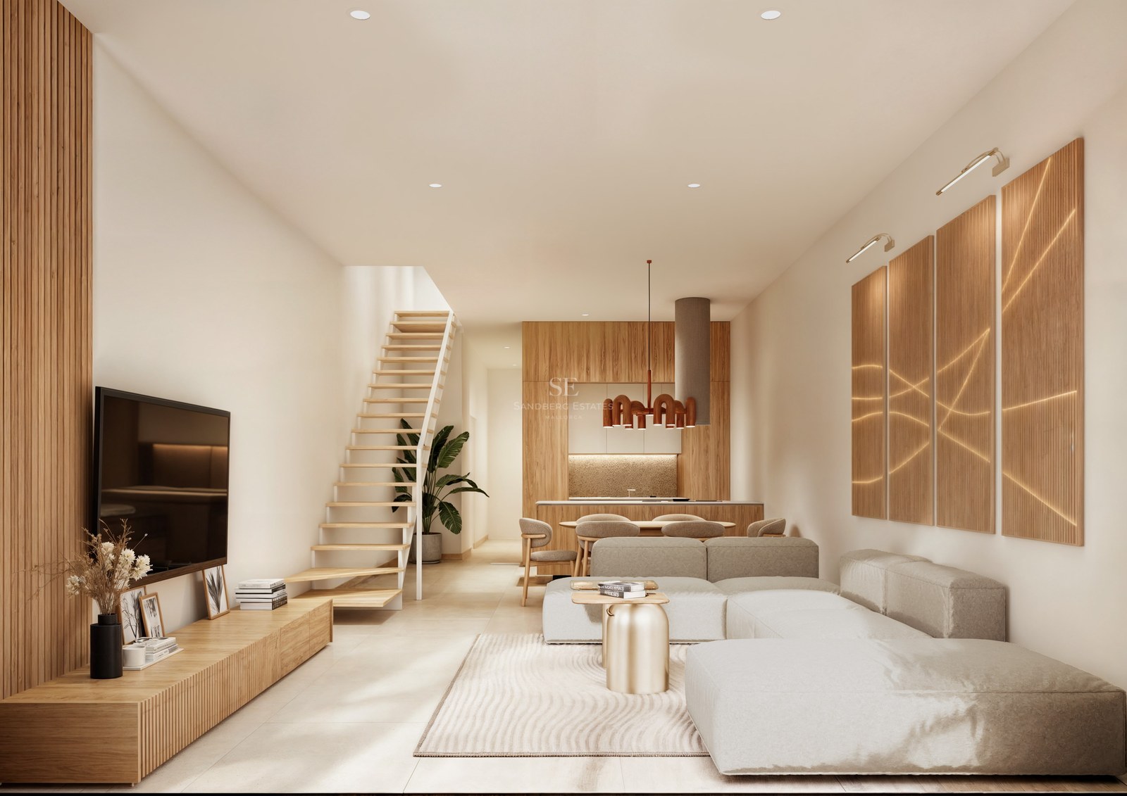 Modern living room with a large modular sofa, light wood staircase, and slatted wood wall panels in a bright interior.