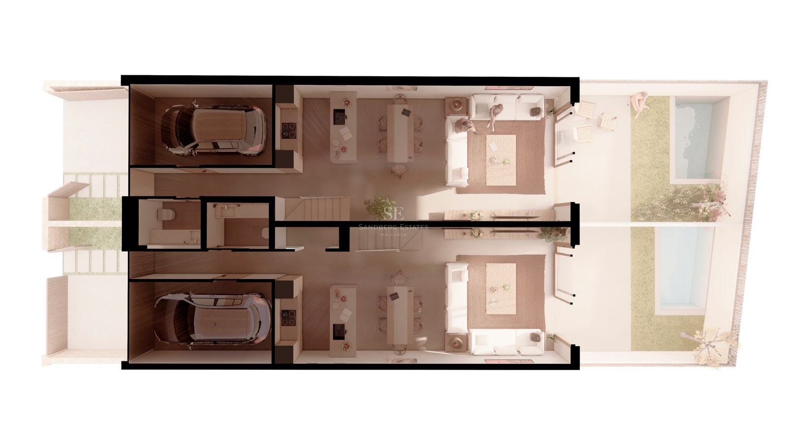 3D-planritning uppifrån som visar två moderna parhus med integrerat garage, öppna sällskapsytor och pool.