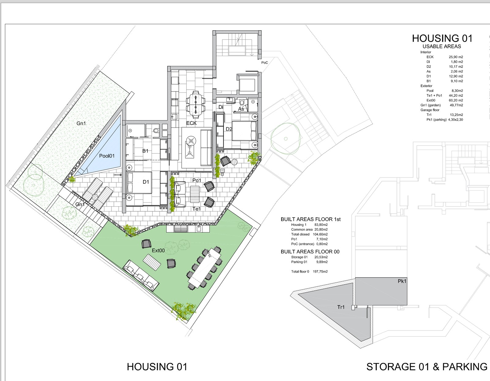 Detailed architectural floor plan showing interior rooms, outdoor garden, pool, and parking layout.