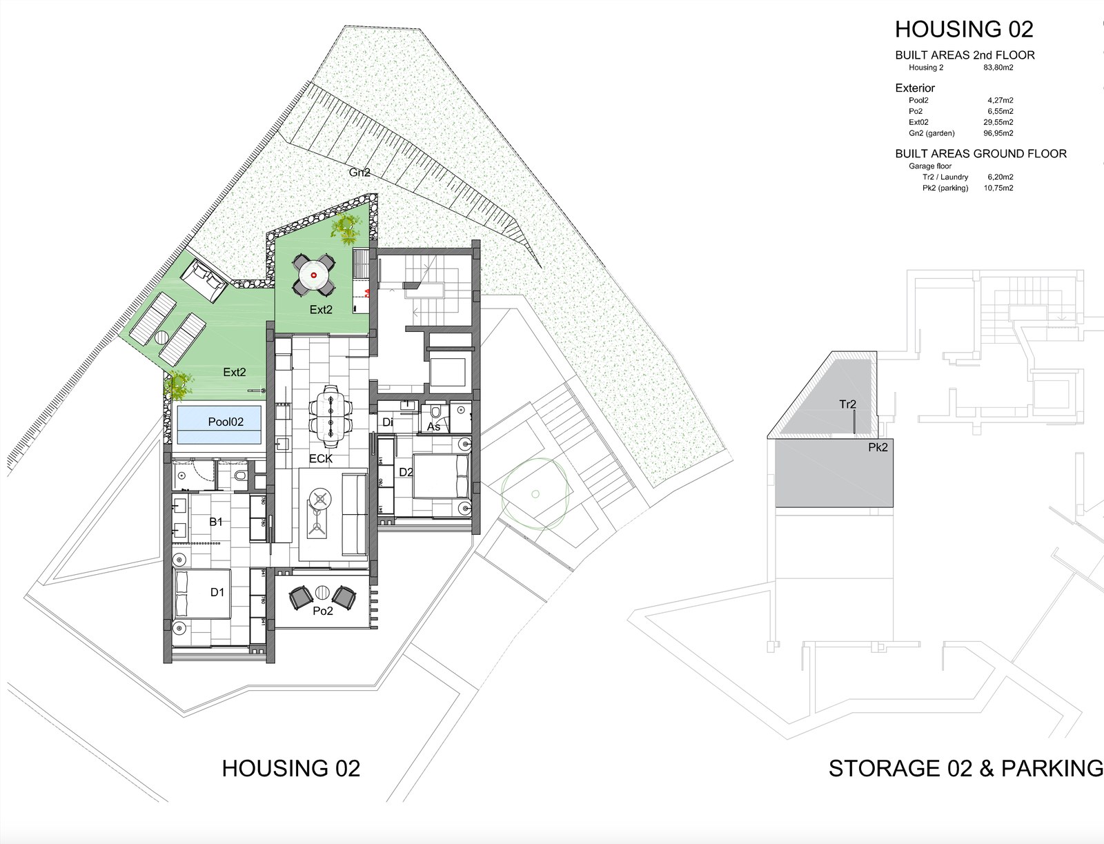 Detailed 2D floor plan showing the layout of a residence with a pool, terrace, and parking areas.