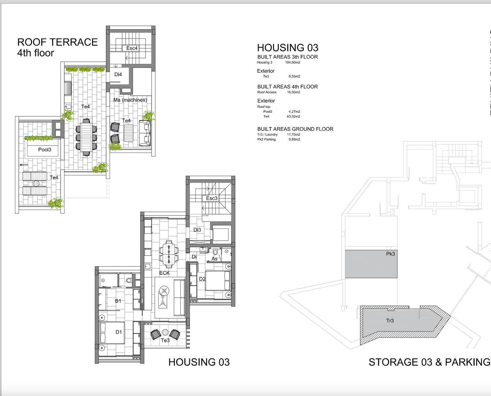 Architektonischer Grundriss eines mehrstöckigen Layouts für Haus 03 mit einer Dachterrasse mit Pool.
