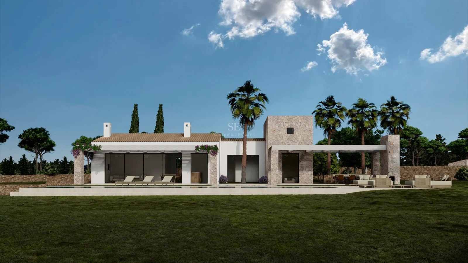 Luxury white and stone villa with swimming pool, palm trees, and green lawn under a clear blue sky.
