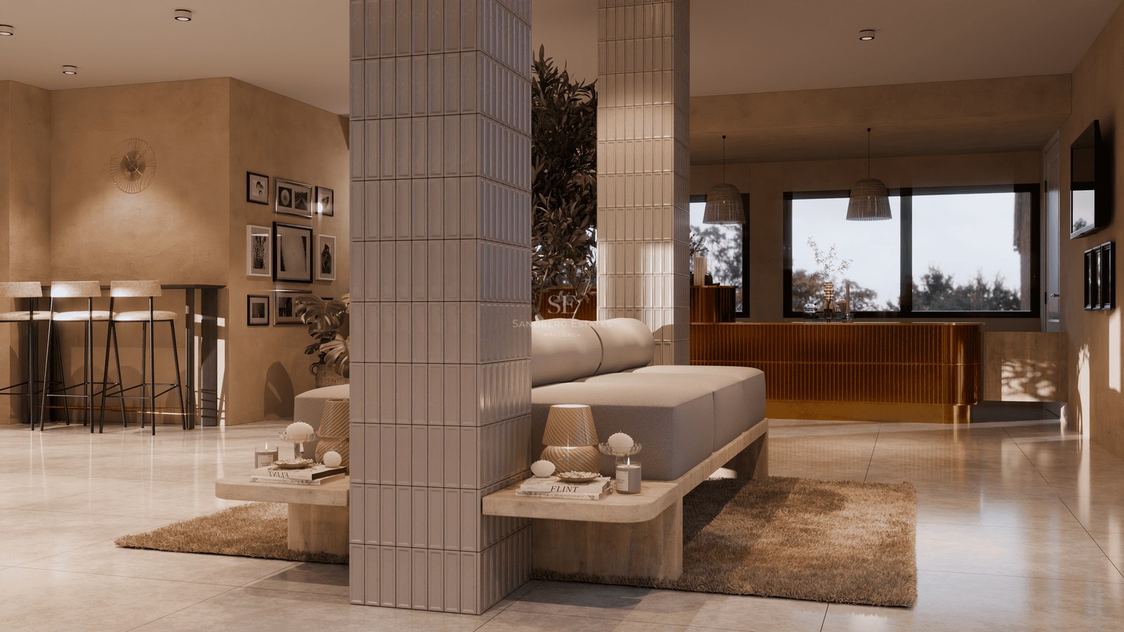 Modern open-plan living area with beige sofas, tiled columns, and warm earthy tones in a luxury home.