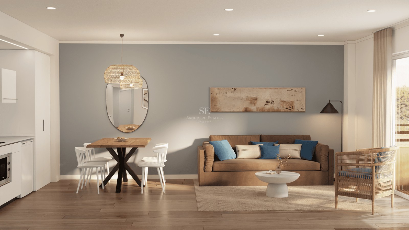 Modern living room with a brown sofa, wooden dining set, rattan pendant light, and large windows.