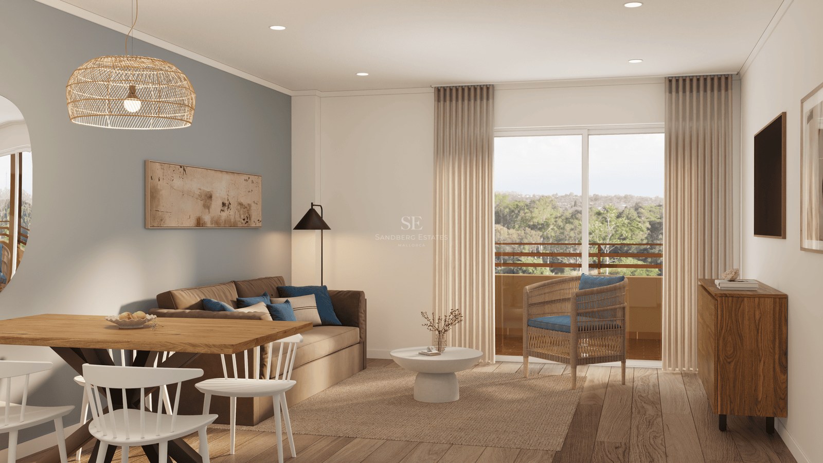 Sun-drenched living room with a brown sofa, wooden dining table, and large glass doors leading to a balcony.