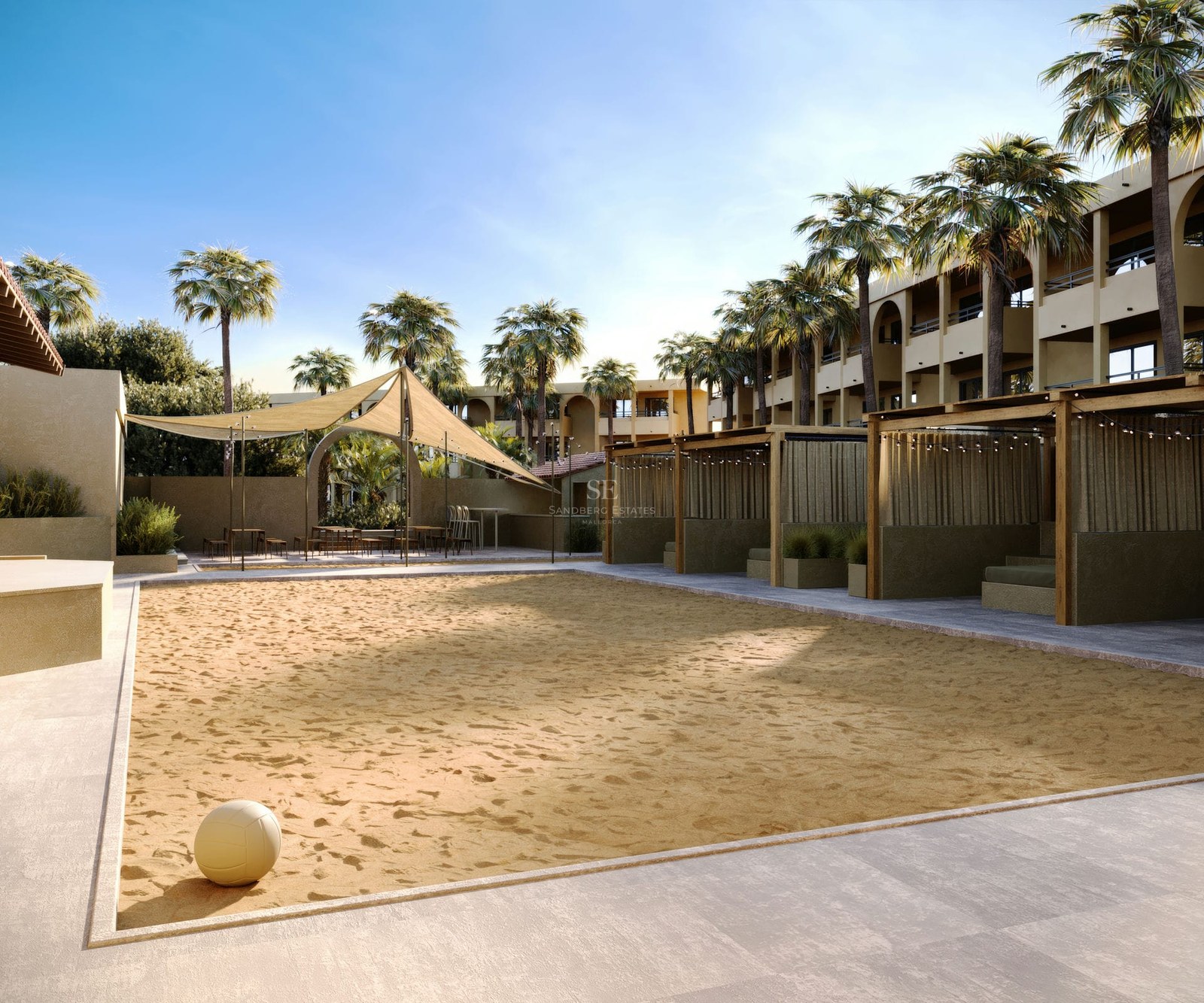 Outdoor sand volleyball court with a ball in the foreground, surrounded by wooden cabanas, palm trees, and shade sails.