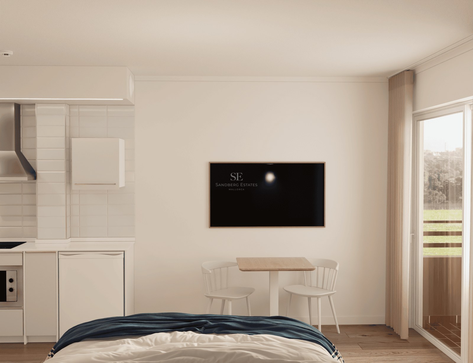 Bright studio bedroom featuring a kitchenette, dining area, wall-mounted TV, and large balcony window.