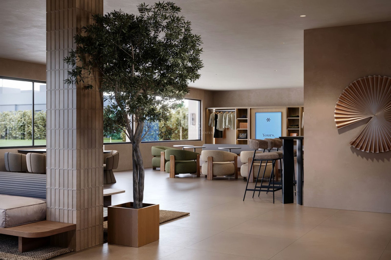 Modern lobby with a tall indoor tree, olive green armchairs, tiled pillars, and large windows looking outside.