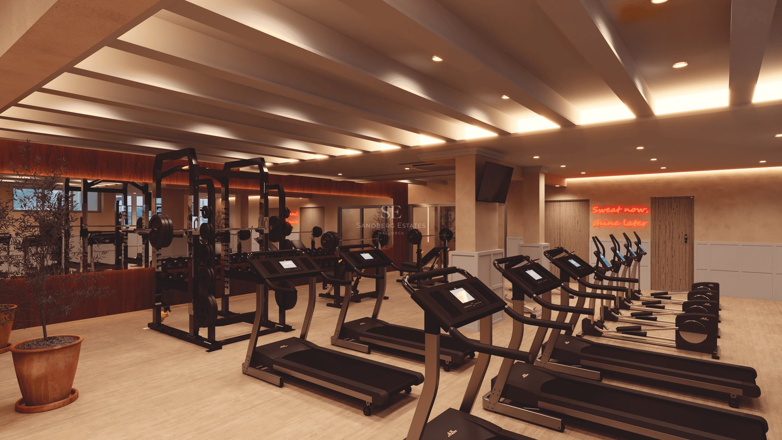 Luxury gym interior featuring treadmills, weight racks, wood floors, and warm recessed lighting.